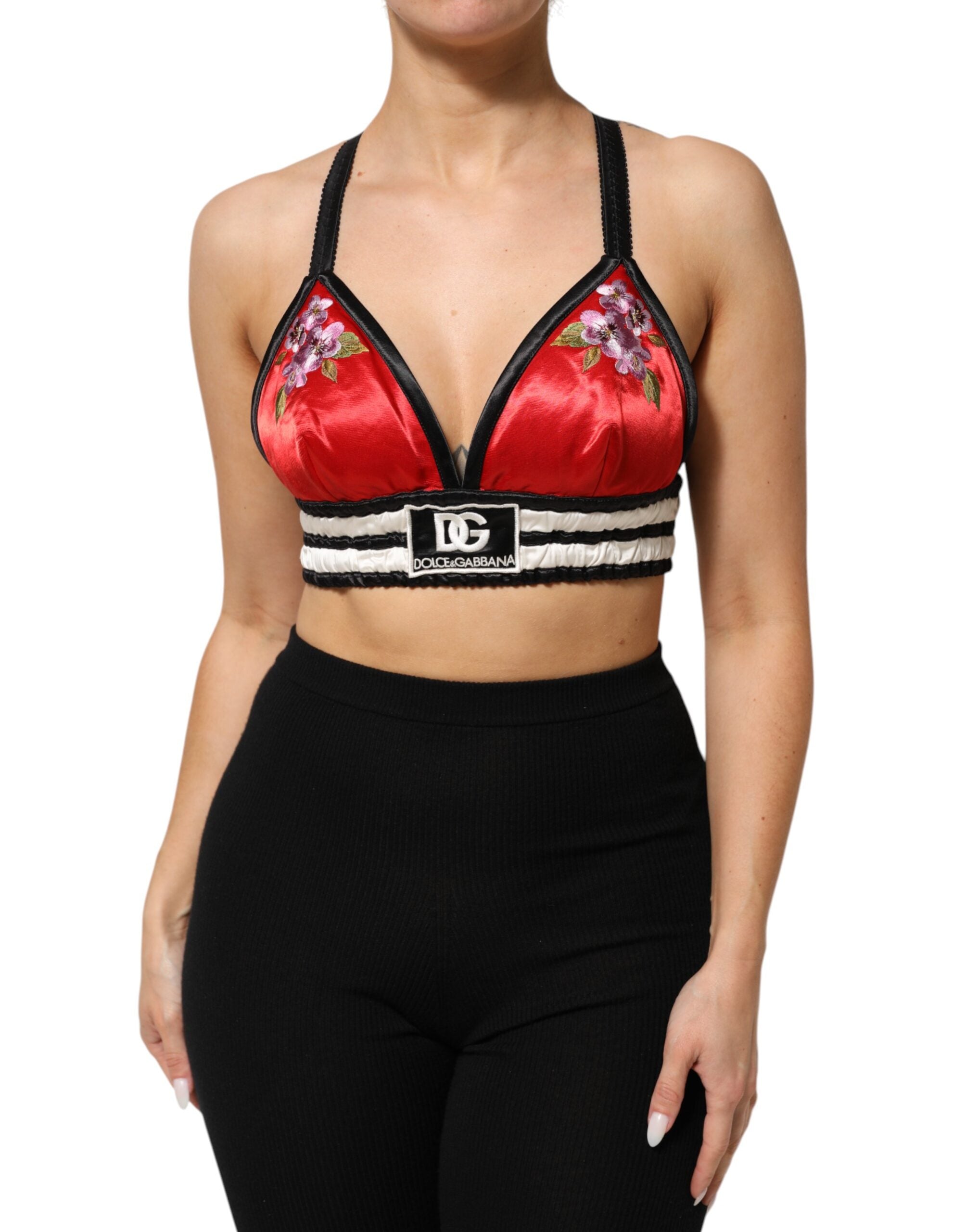 Dolce & Gabbana Red Satin Floral Embroidered Bralette Crop Top