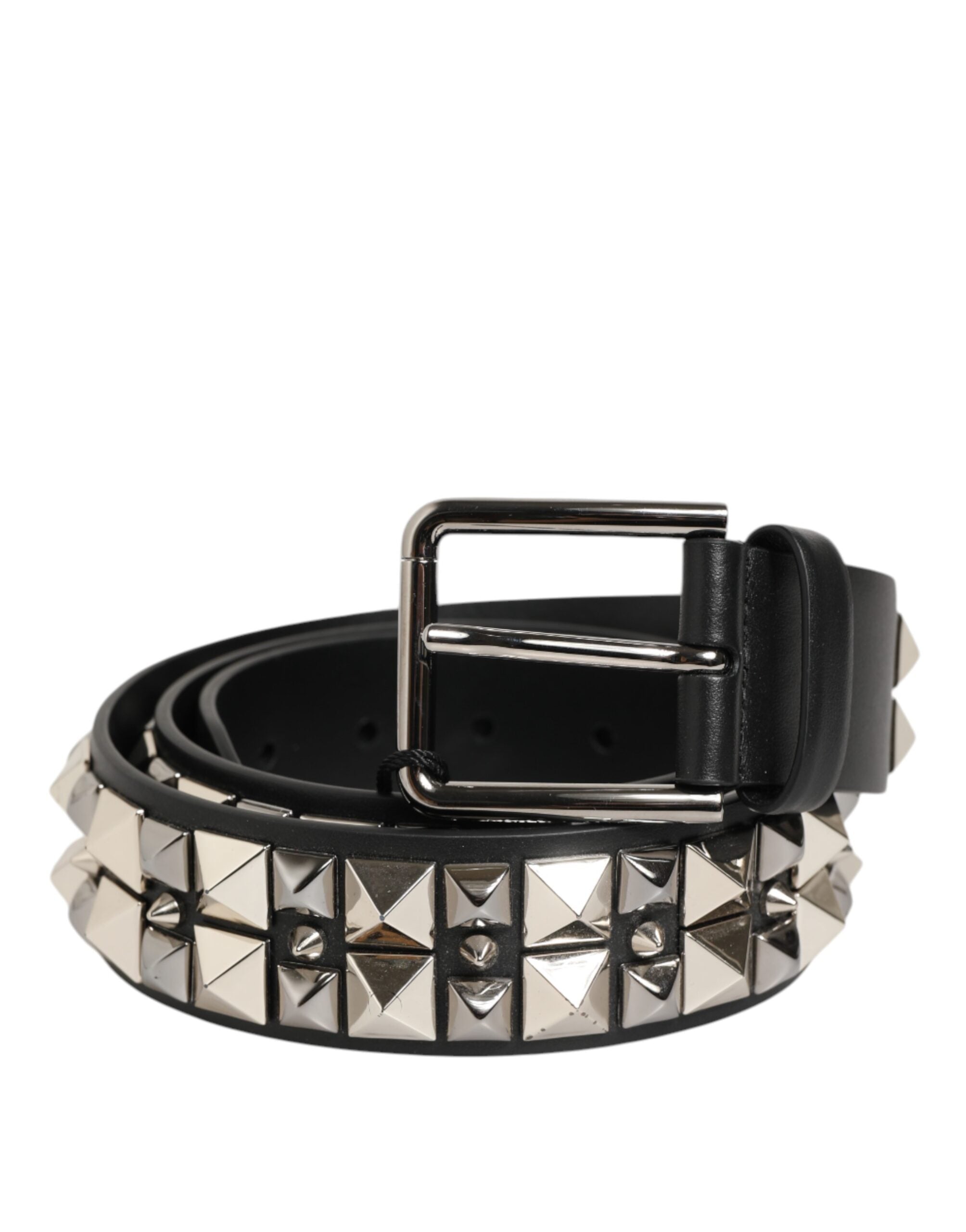 Dolce & Gabbana Black Calf Leather Studded Silver Buckle Belt