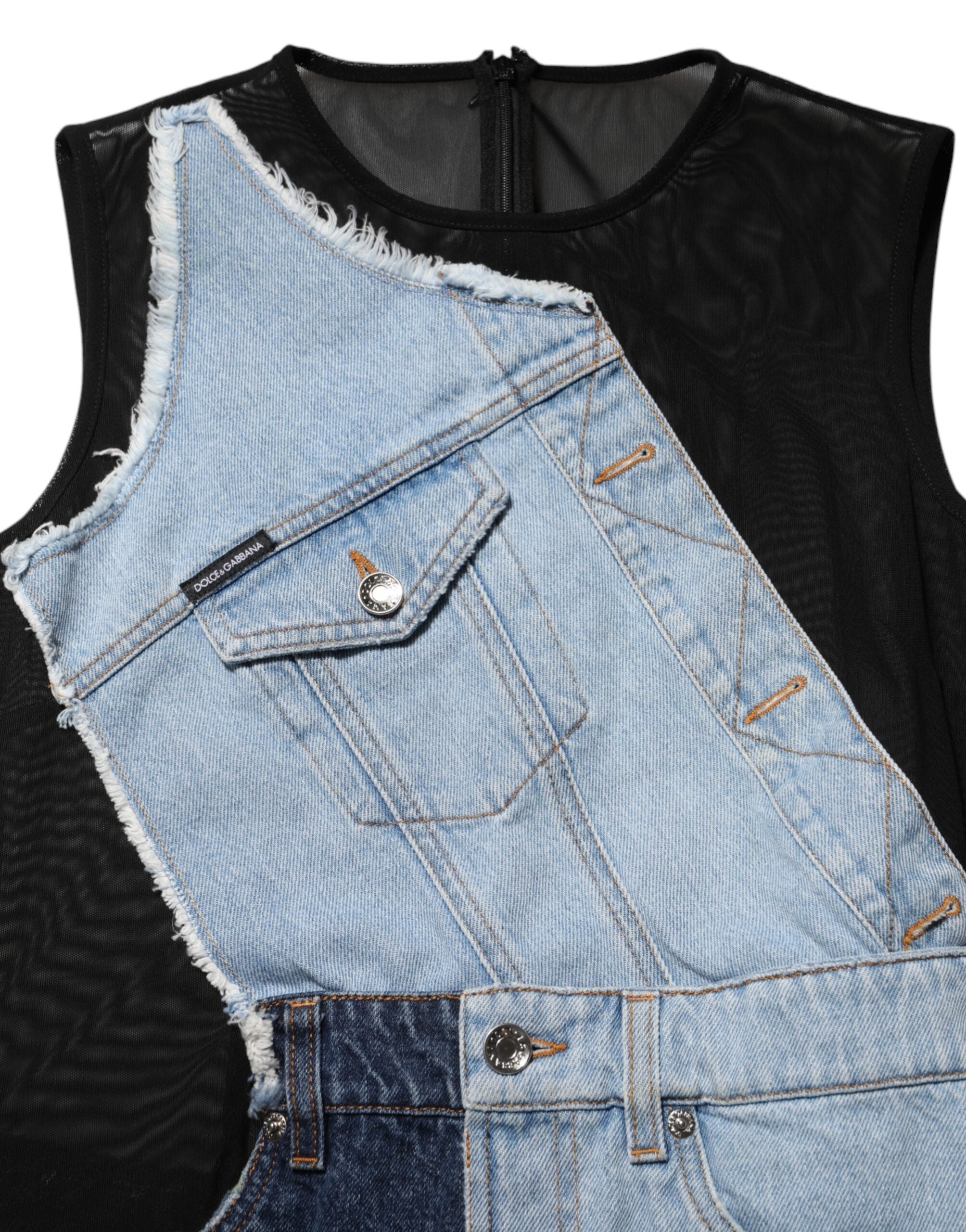 فستان قصير من قماش الدنيم المرقّع من النايلون باللون الأزرق من دولتشي آند غابانا