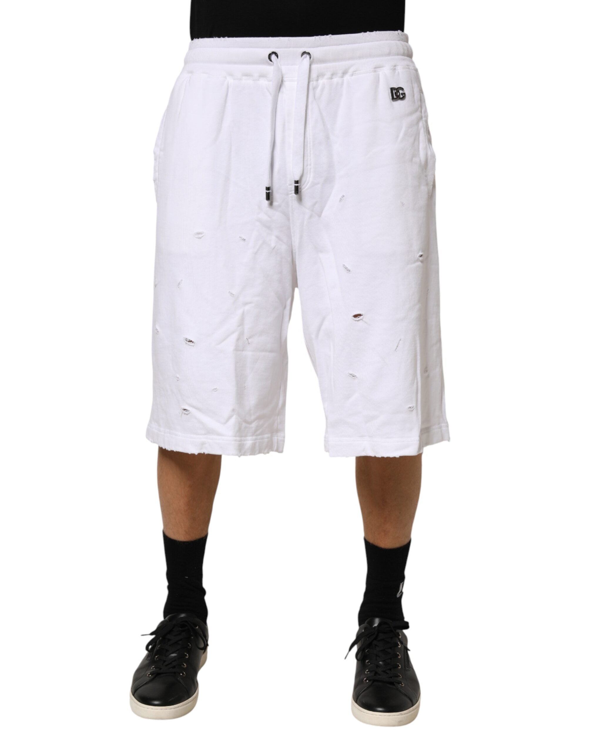Dolce & Gabbana White Distressed Cotton Men Bermuda Shorts
