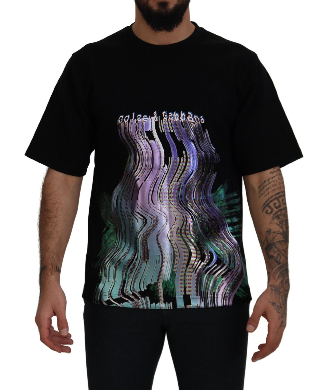 تي شيرت دولتشي آند غابانا قطني أسود مطبوع برقبة دائرية