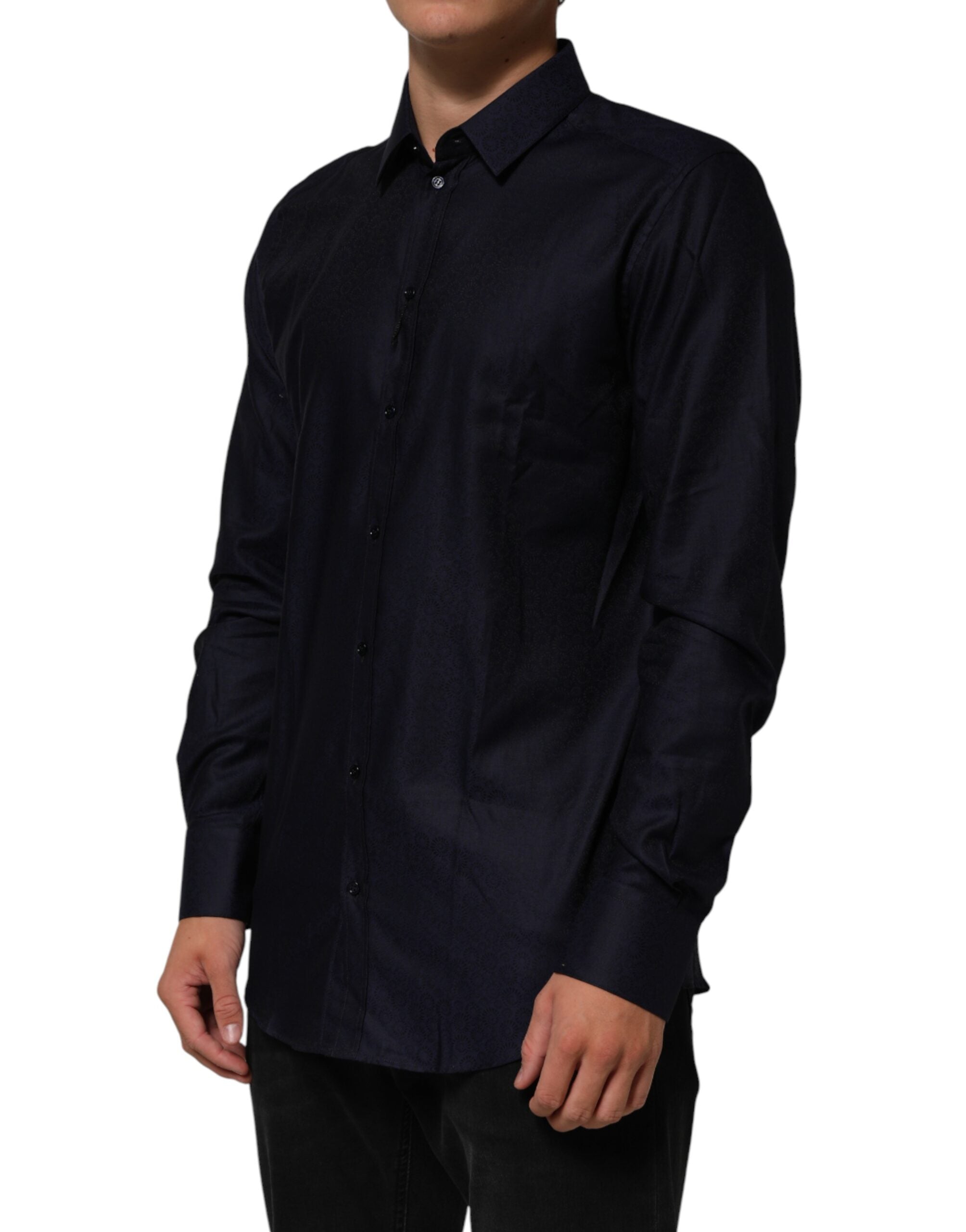 قميص رجالي ذهبي بأكمام طويلة وياقة من القطن الأزرق من دولتشي آند غابانا