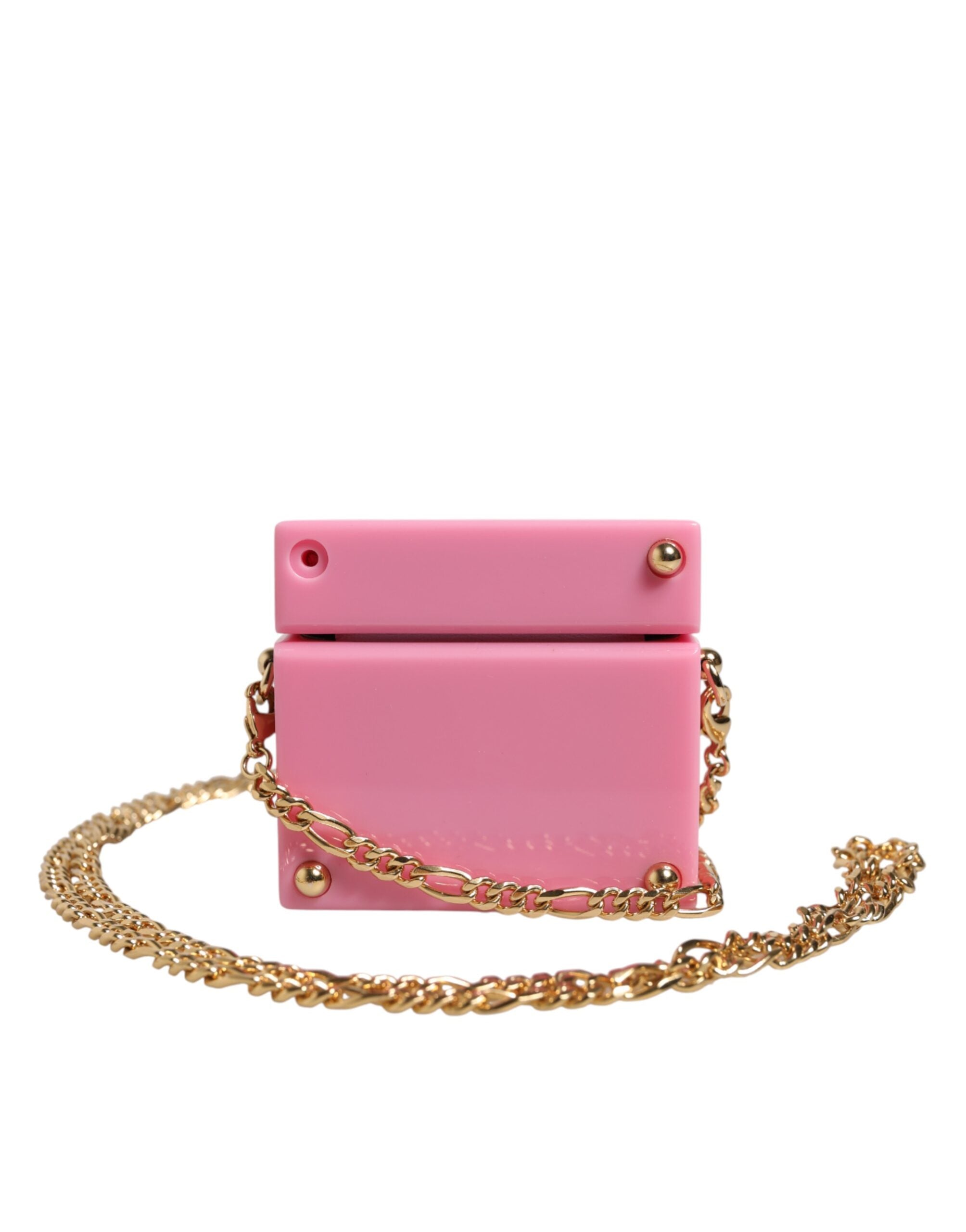 غطاء سماعات Airpods بسلسلة ذهبية من دولتشي آند غابانا باللون الوردي مع لوحة شعار DG