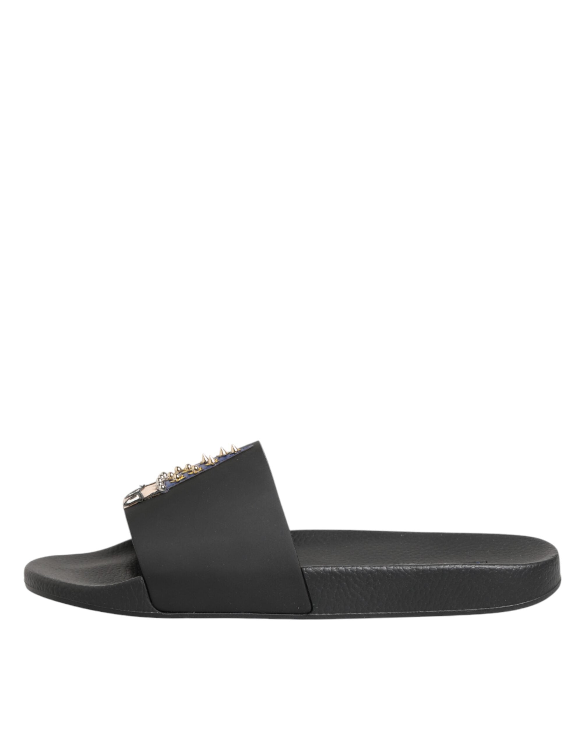 Dolce & Gabbana Black Leather Slides Sandals Beachwear Shoes