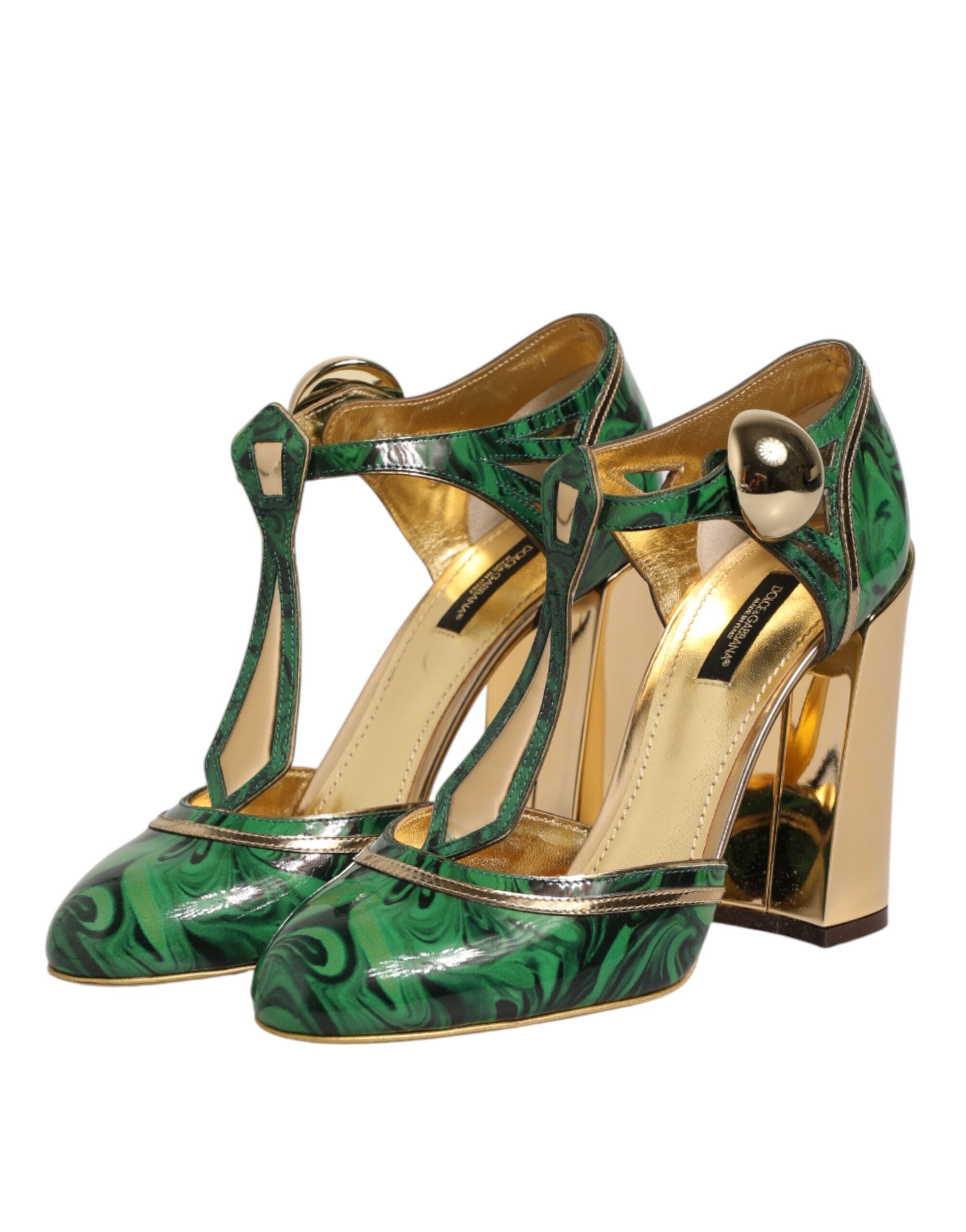 Dolce & Gabbana Green Leather T-STRAPS Heels Sandals Shoes
