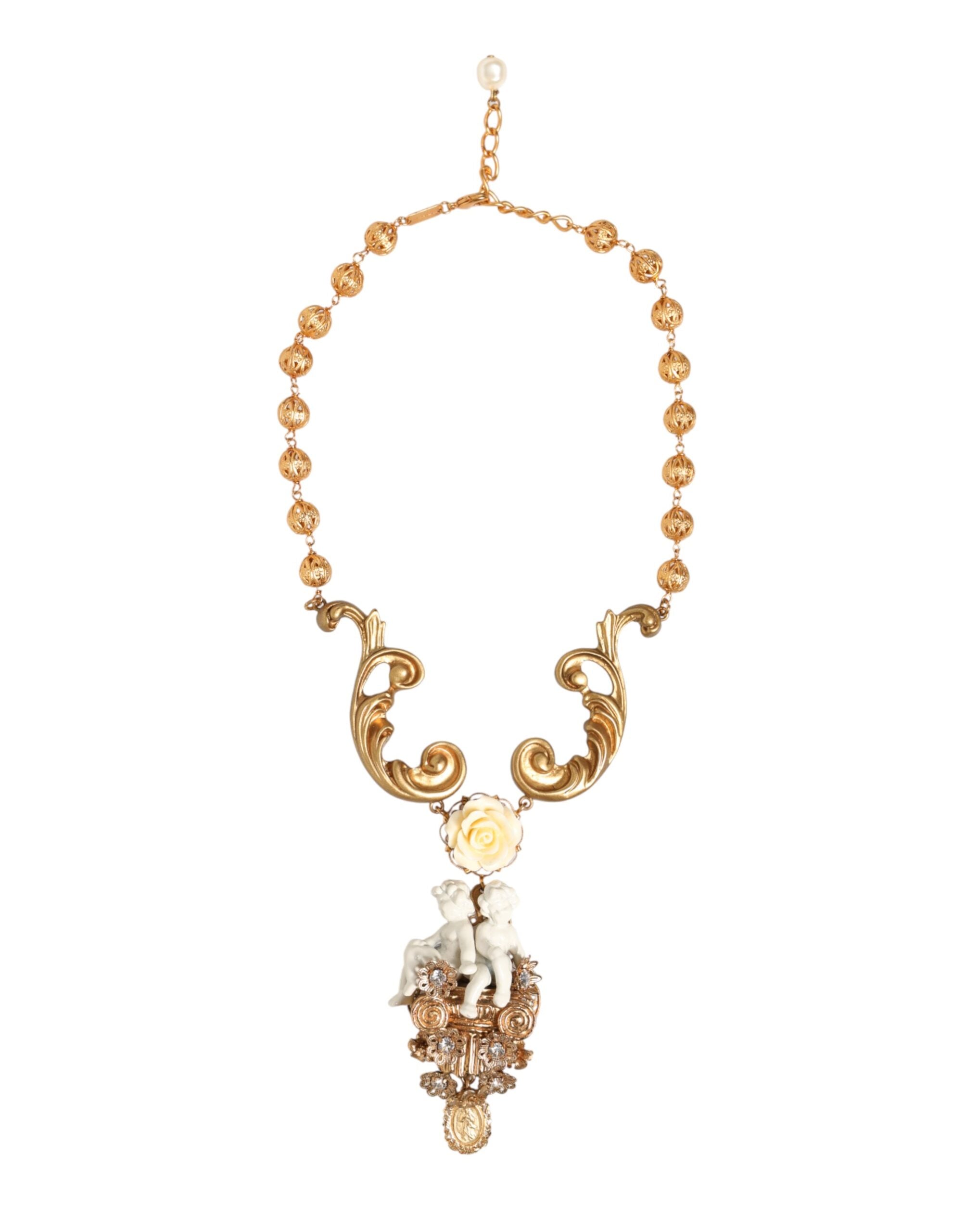 Dolce & Gabbana Gold Ceramic Crystal Cherub Baroque Pendant Necklace