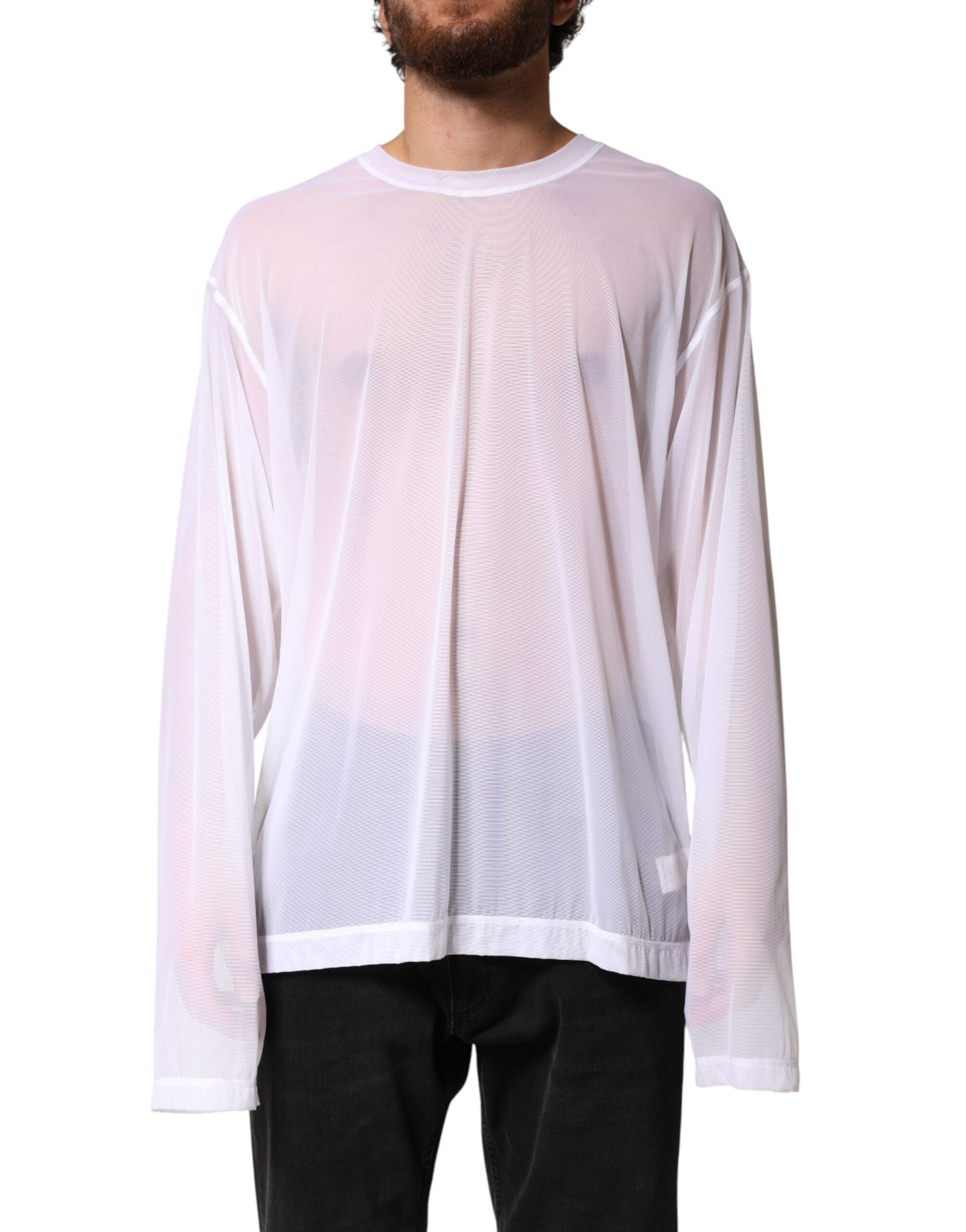 Dolce & Gabbana White Nylon Long Sleeves Crewneck T-Shirt