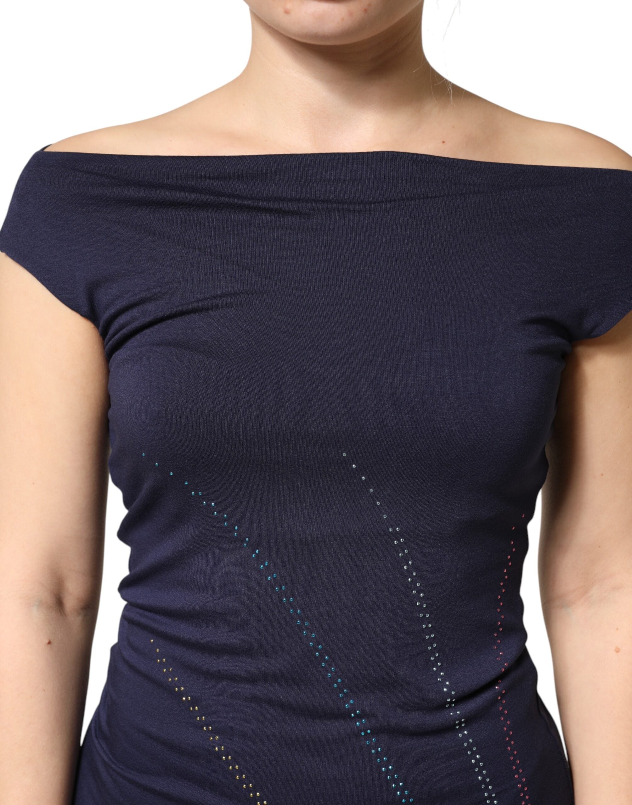 Roccobarocco Blue Viscose Embellished Off Shoulder Mini Dress