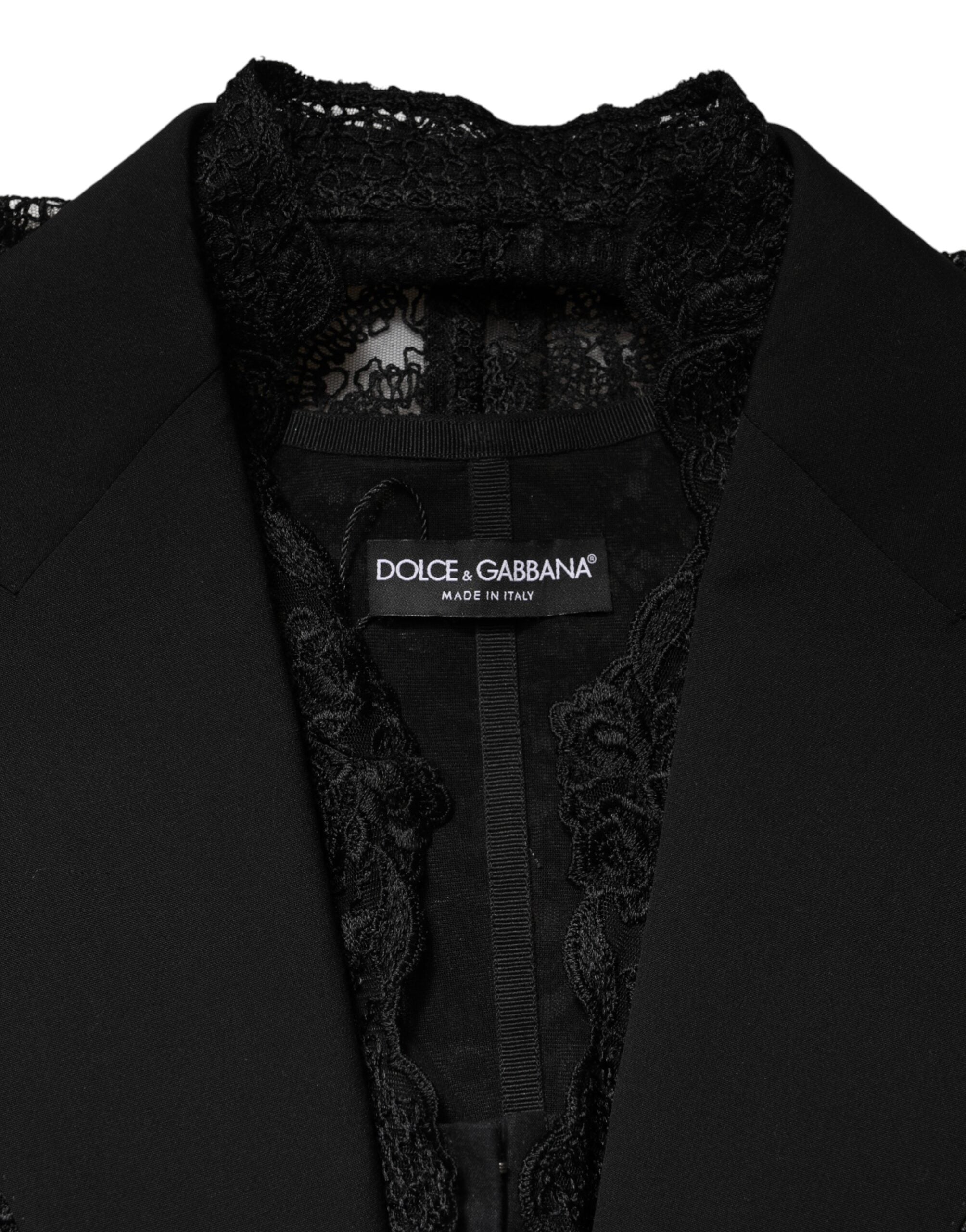 Dolce & Gabbana Black Lace V-neck Slit Hem Gathered Waist Vest Jacket