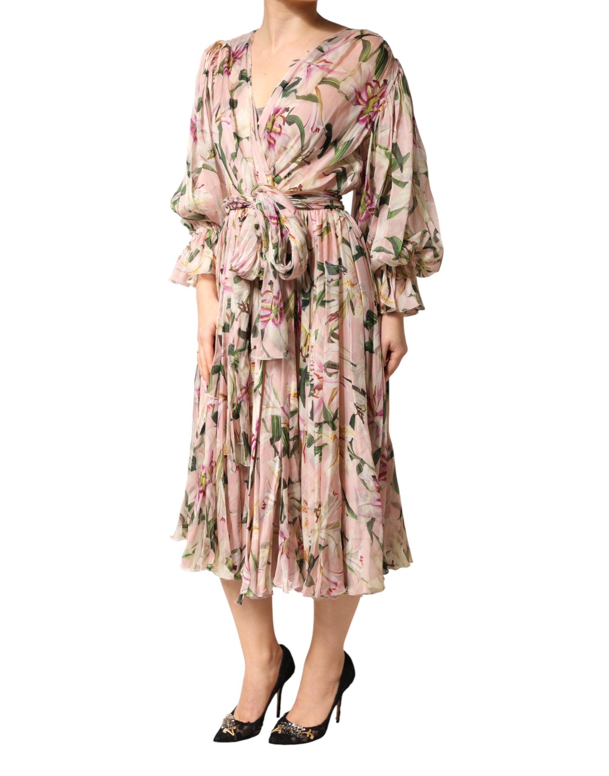 Dolce & Gabbana Pink Lily Print A-line Pleated Maxi Dress