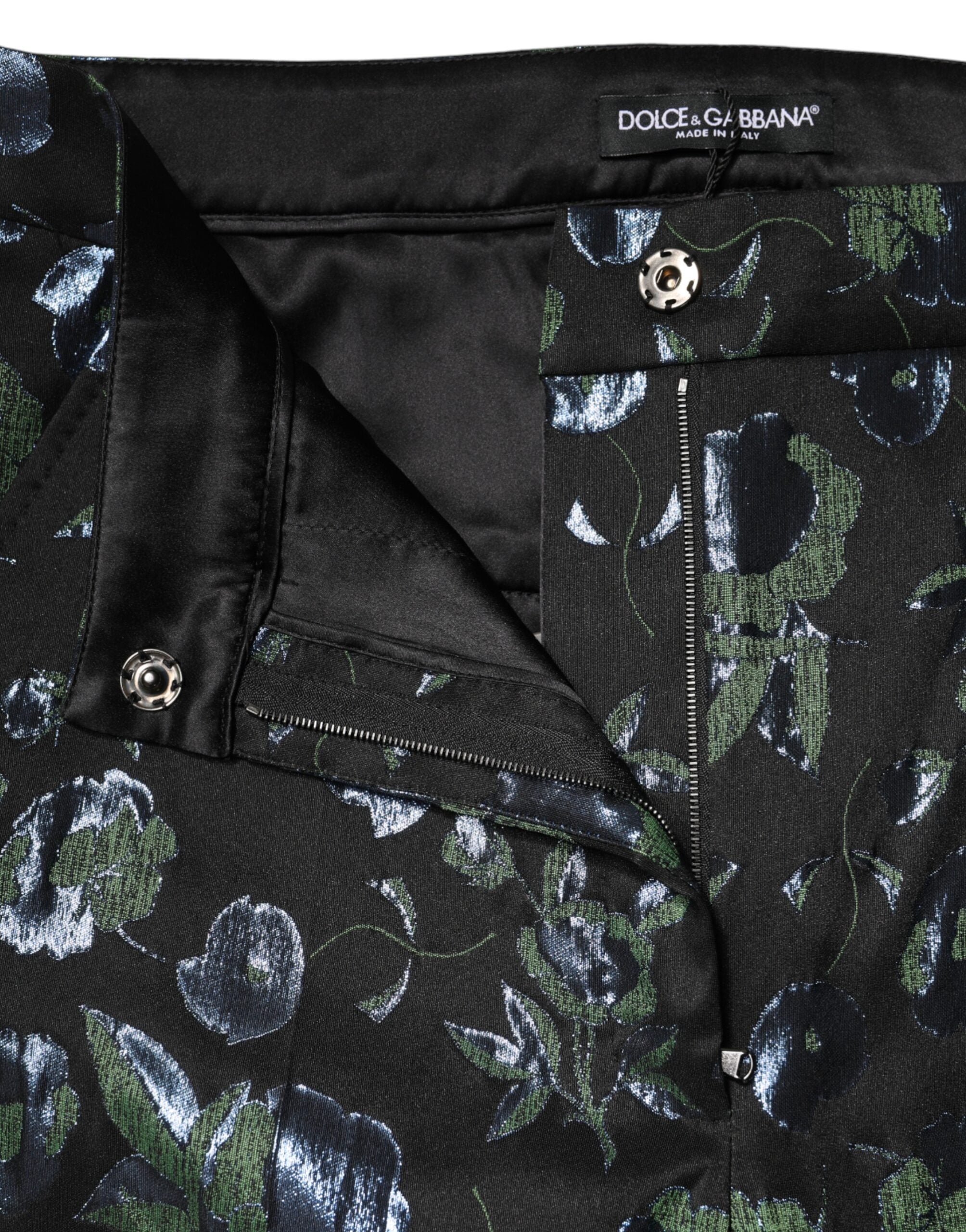 بنطلون دولتشي آند غابانا أزرق مخضر مزين بنقوش زهور معدنية بقصة ضيقة