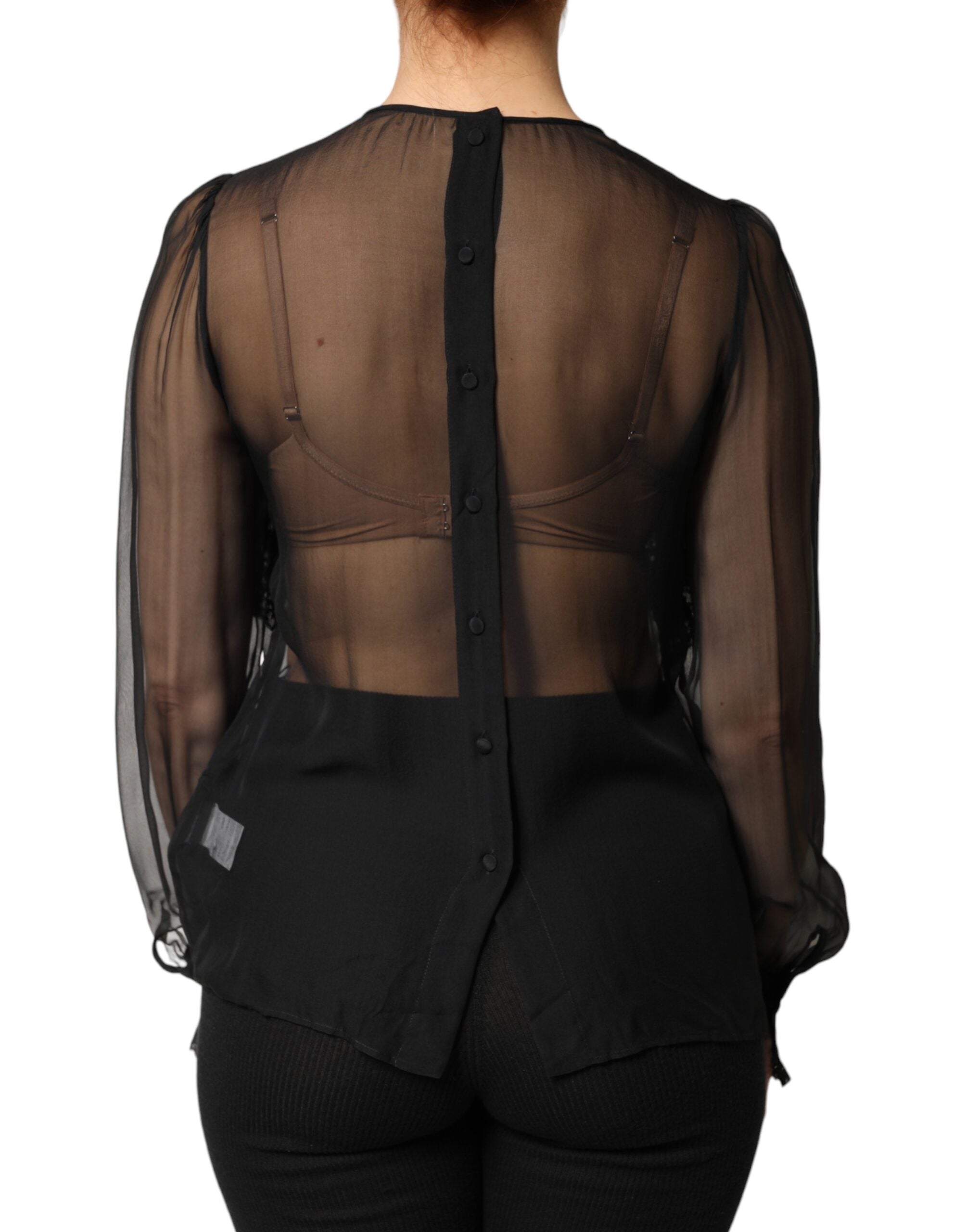 Dolce & Gabbana Black Silk Sheer Ruffle Tie-Neck Blouse Top