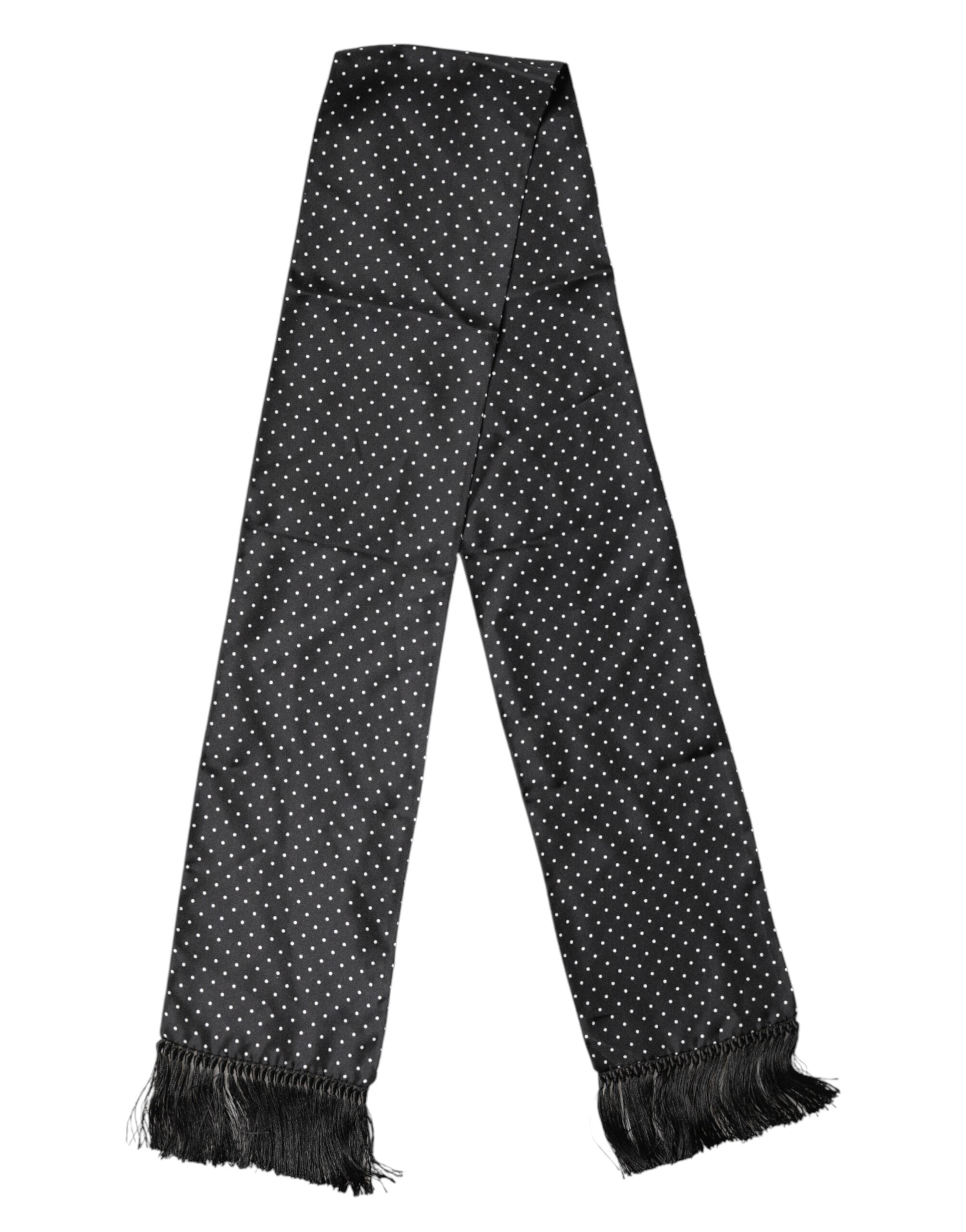 Dolce & Gabbana Black Polka Dot Fringes Silk Foulard 139cm x 14.5cm Scarf