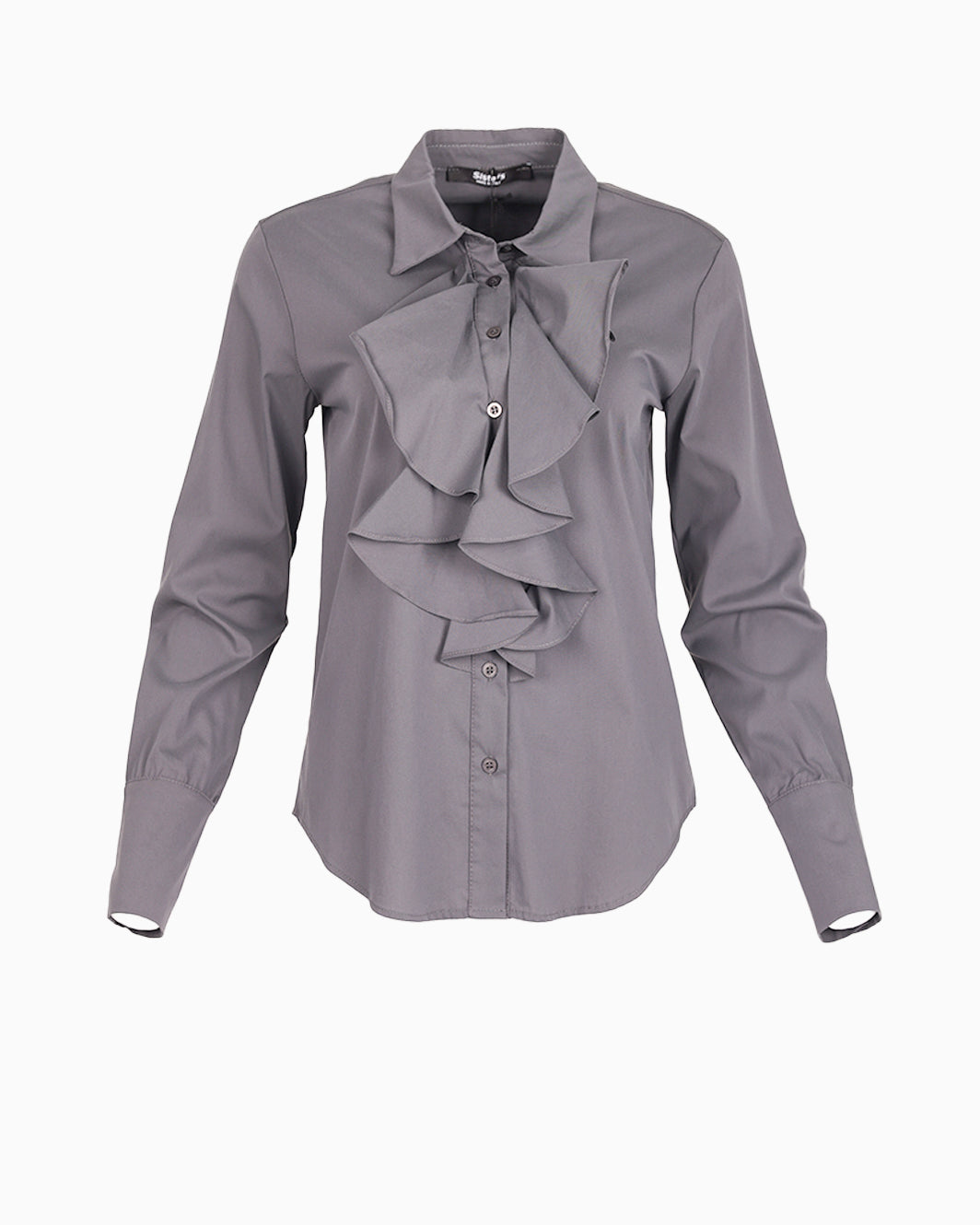 Siste’s Grey Ruffle Detail Shirt Front View
