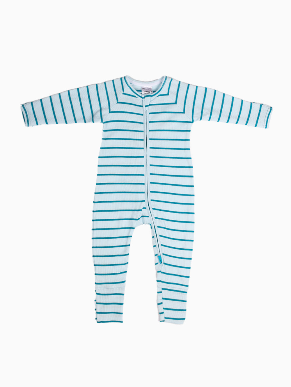 Blue and white striped baby romper – full view