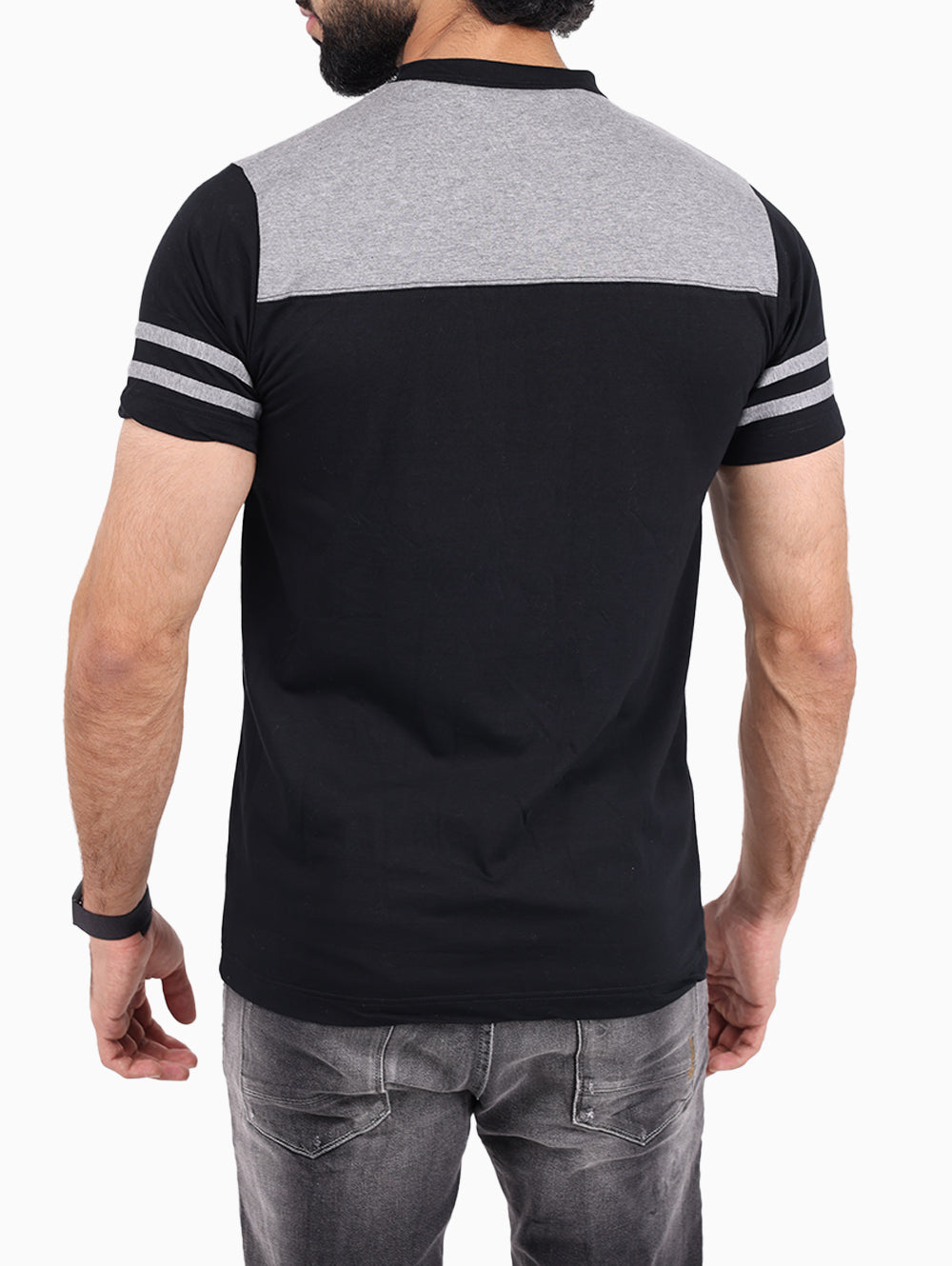SQUADRA NAVALE Black & Grey Contrast T-Shirt with Striped Sleeves