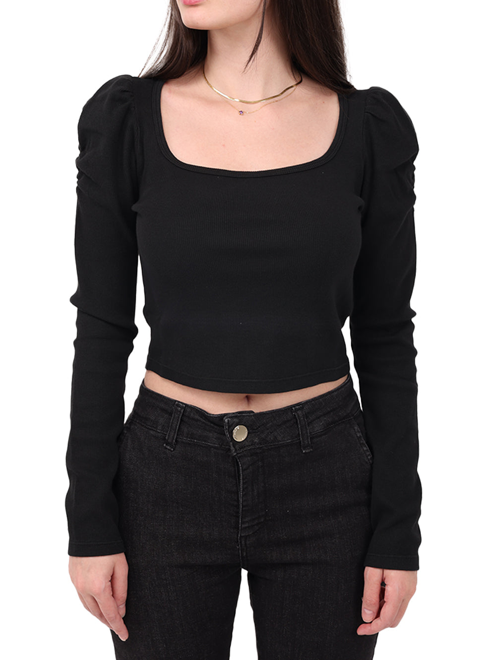Sallure black puff sleeve crop top front view
