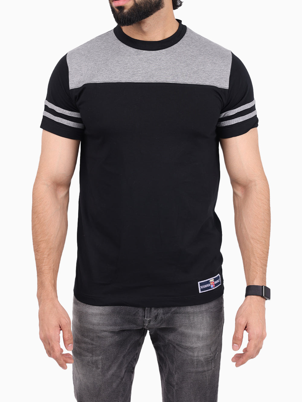 Model wearing SQUADRA NAVALE black and grey T-shirt - Front view