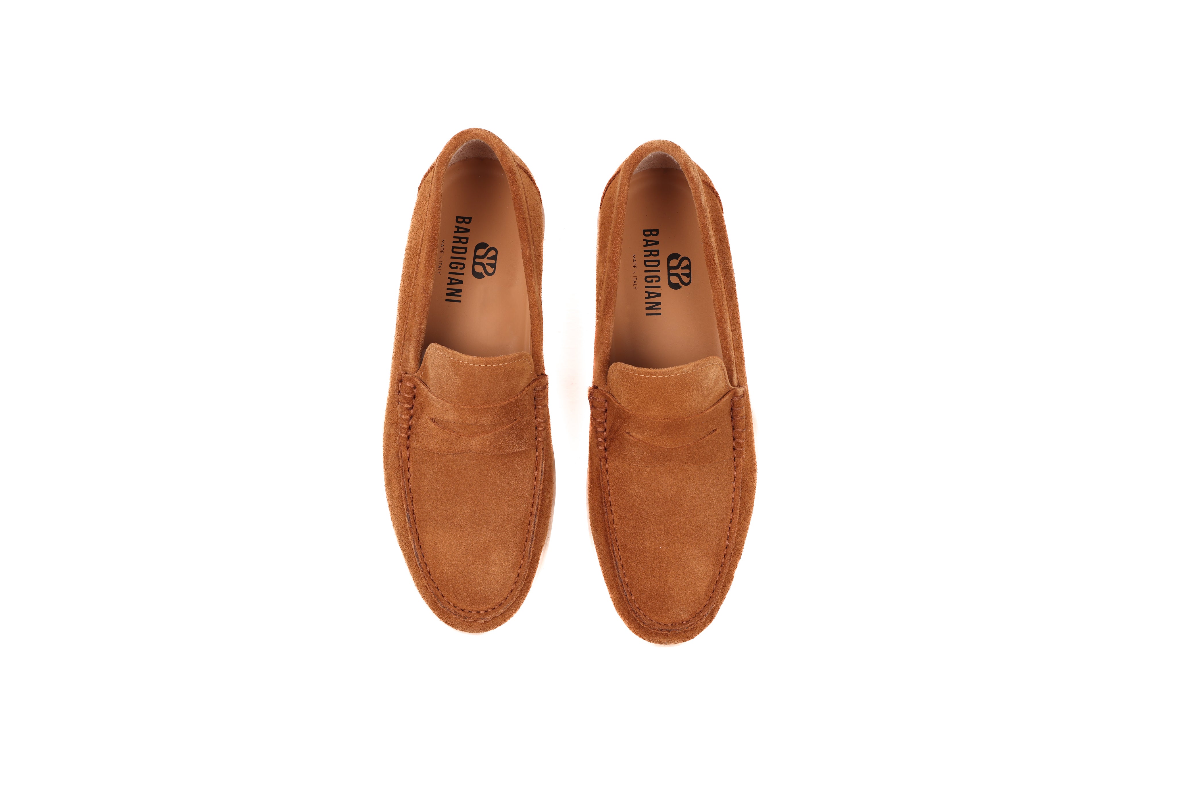 Bardigiani men’s light brown suede penny loafers top view