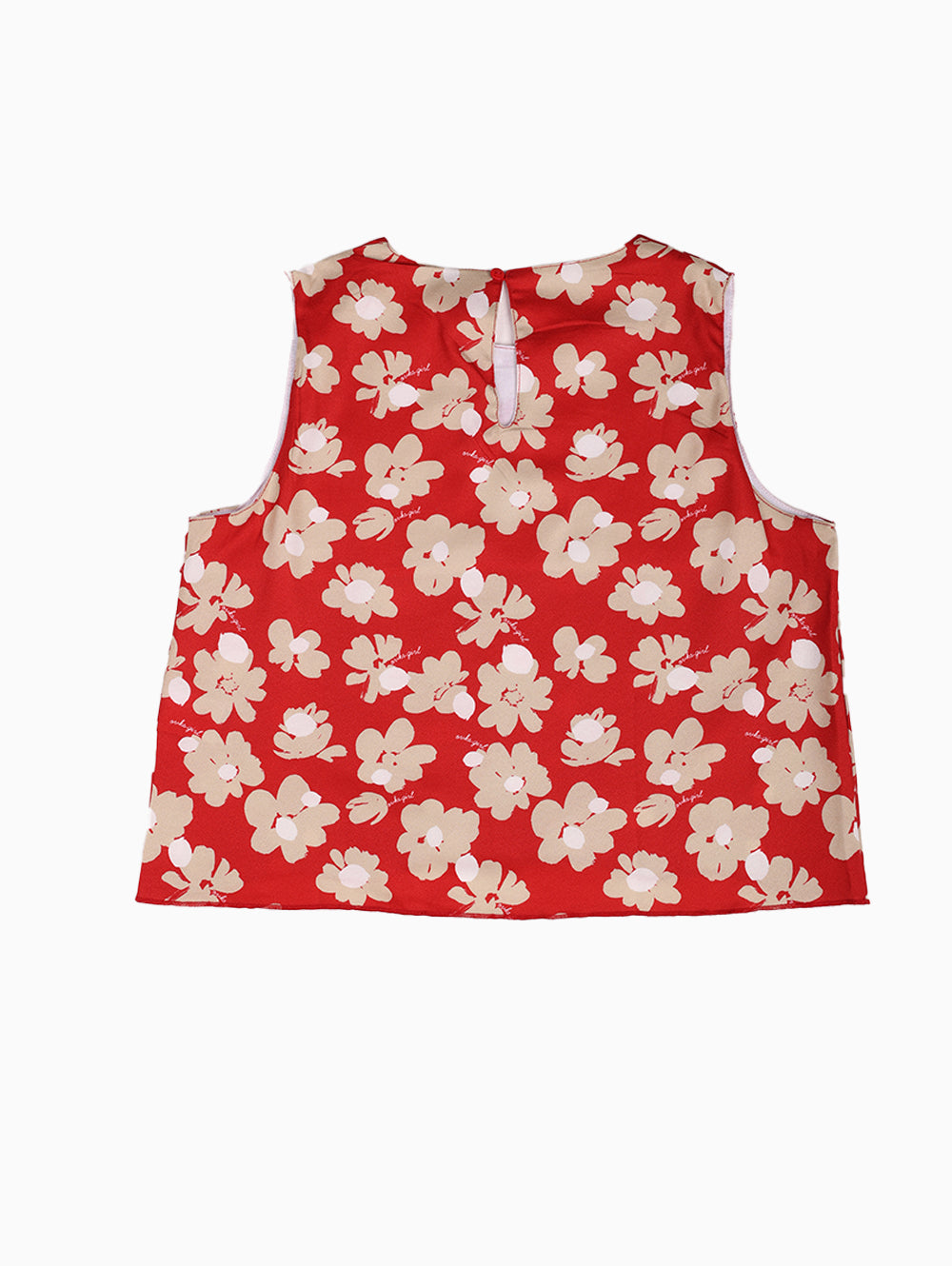 Back view of Overkids red floral top for girls with button closure.