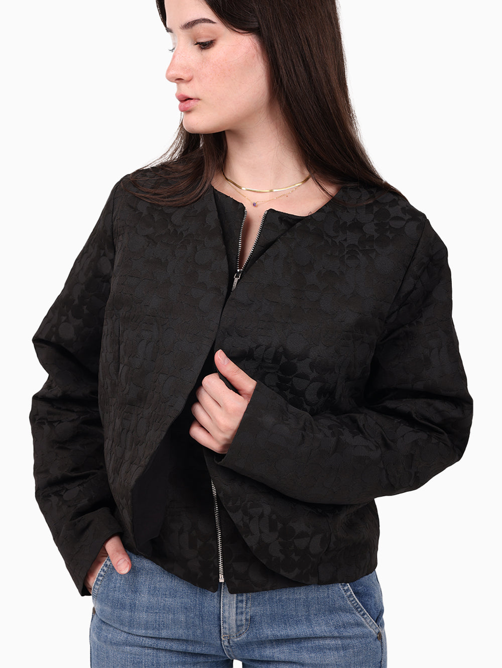 GONEBALL 717 Black Cropped Floral Jacquard Jacket – Model Close-Up