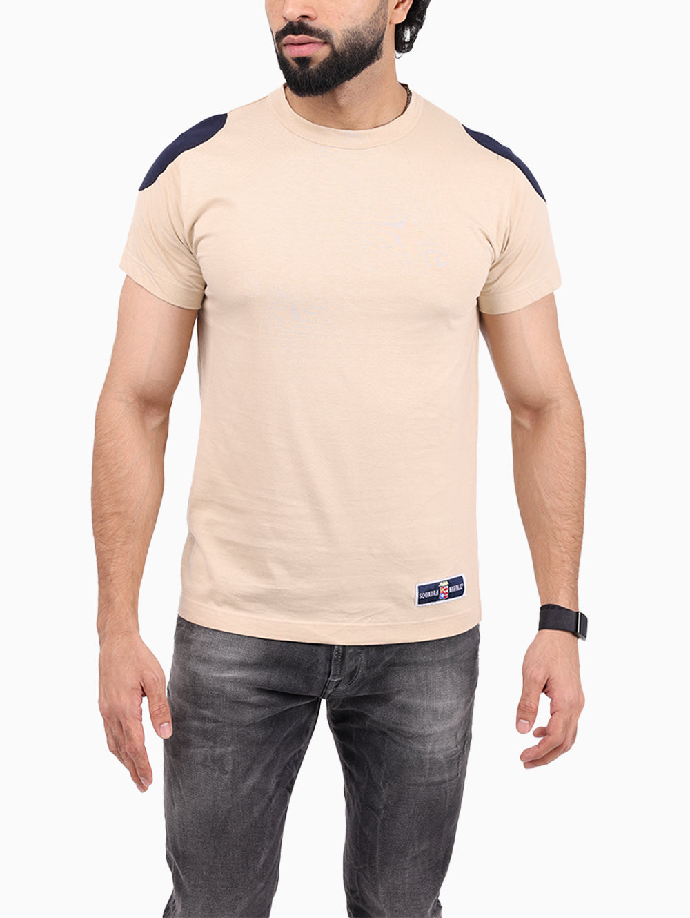 Model wearing Squadra Navale men’s slim fit beige t-shirt front view