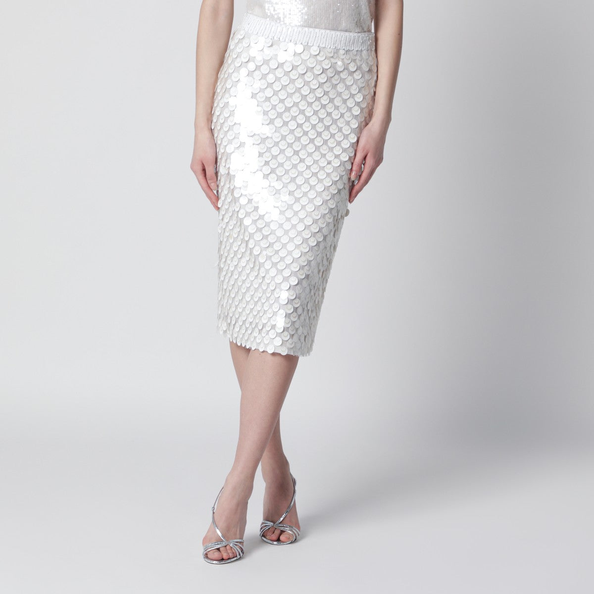 P.A.R.O.S.H. Cream sequin pencil skirt