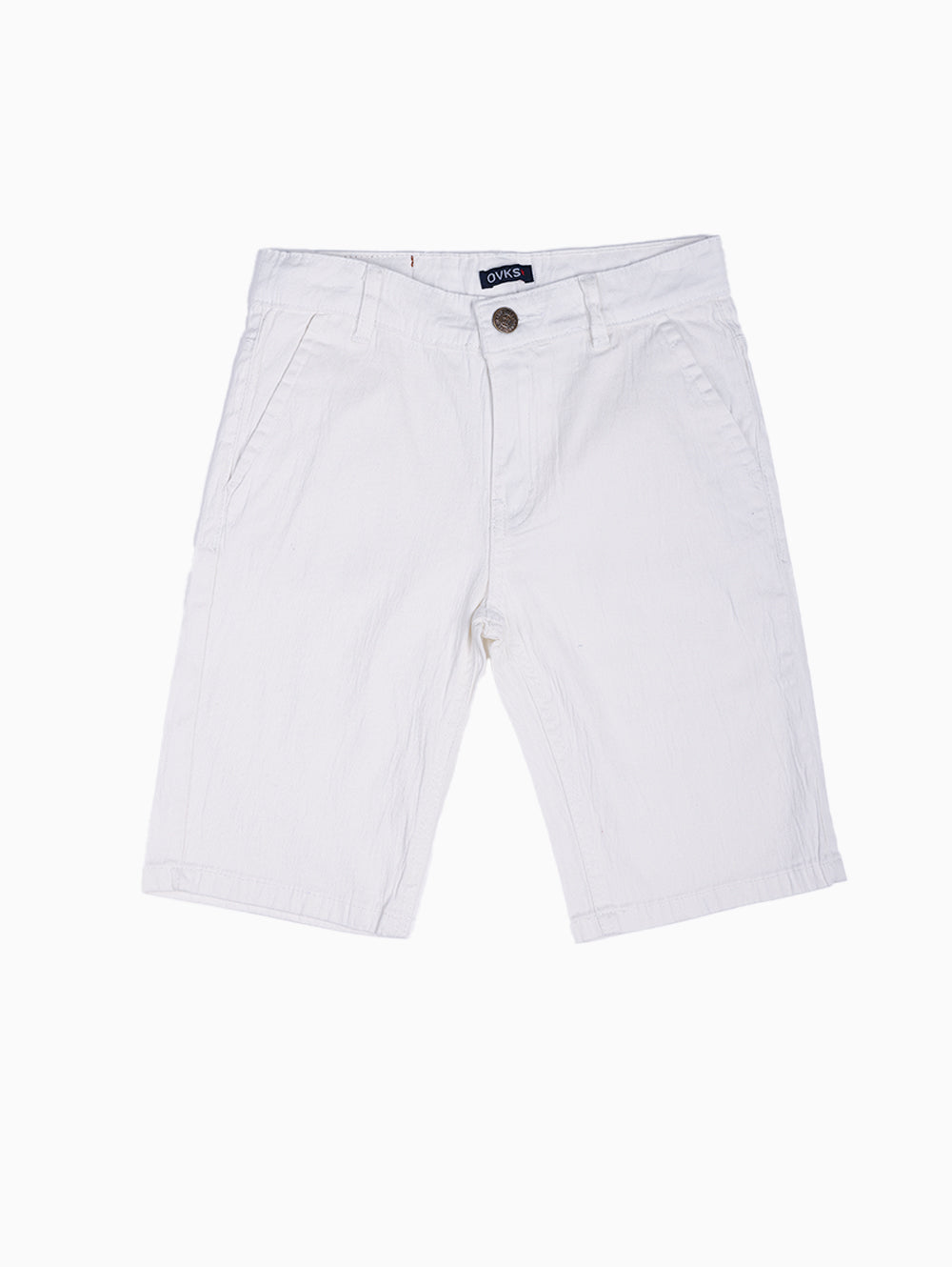 Front view of OVKS white cotton shorts for boys with button closure.