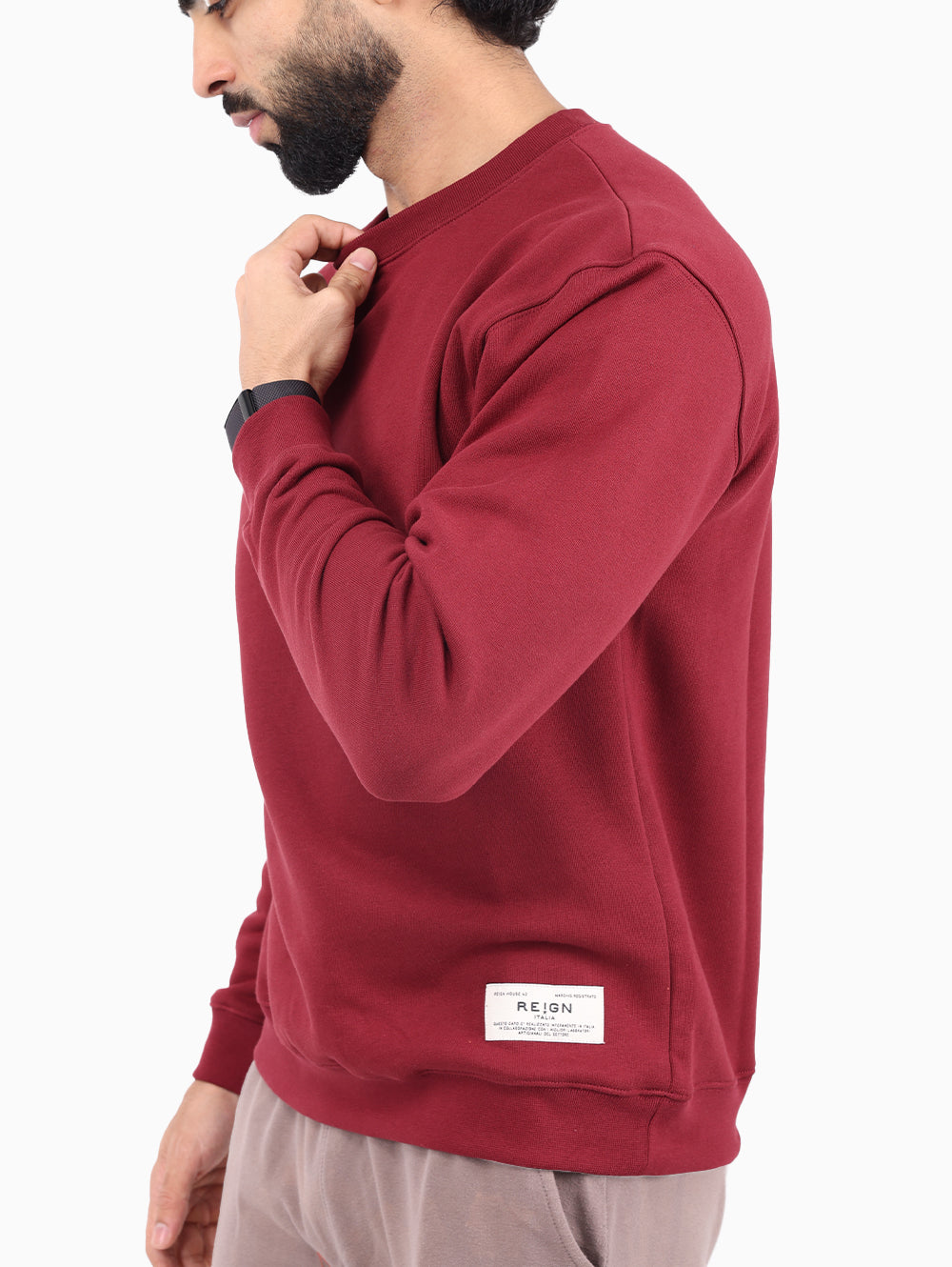 Side view of Reign Italia crew neck sweatshirt