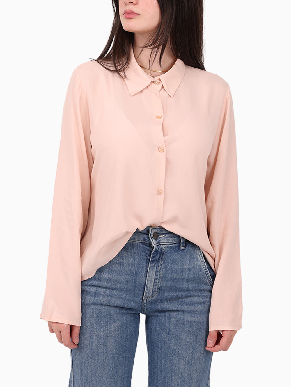 Model wearing Siste’s Nude Button-Down Shirt Front View