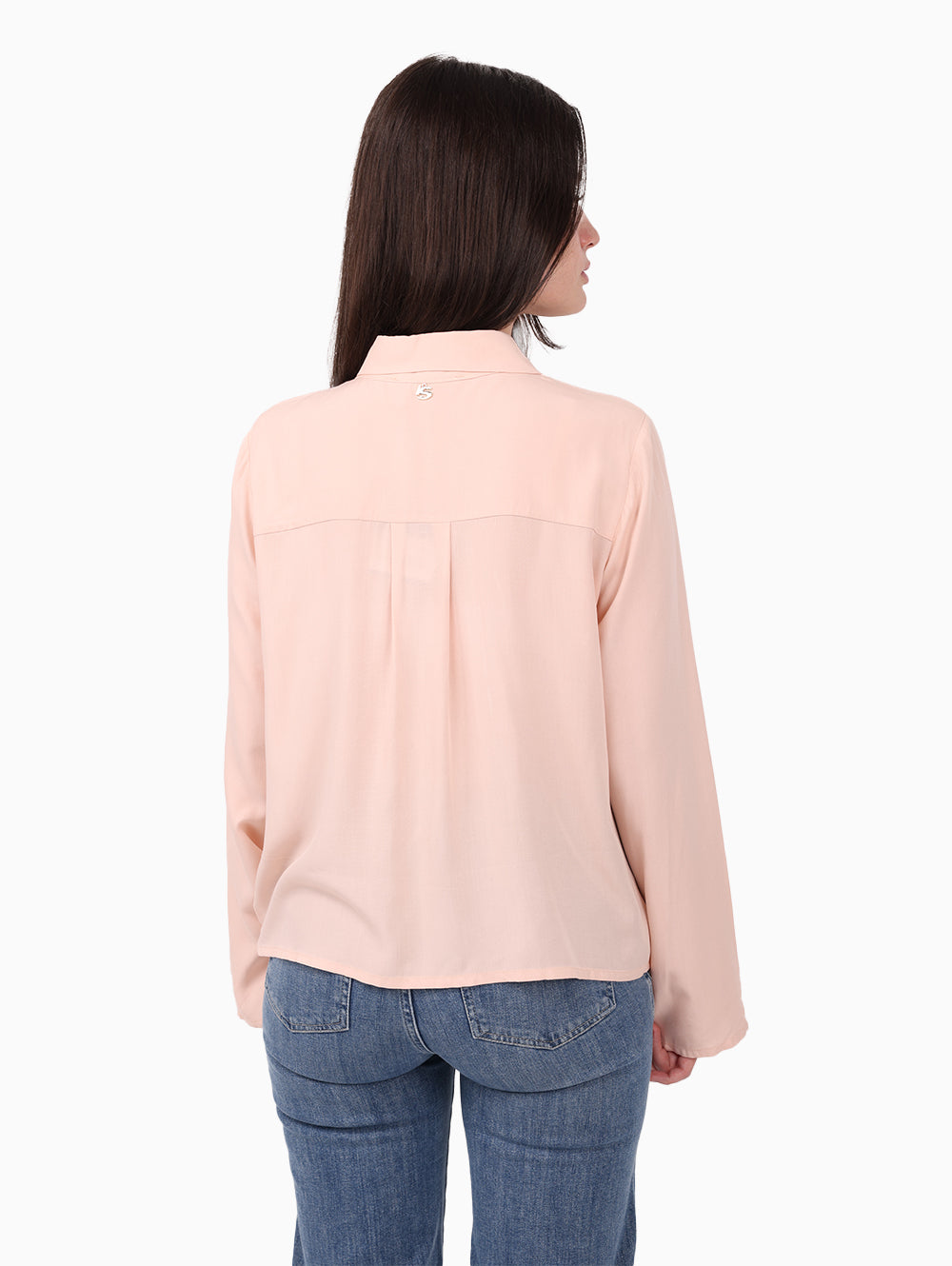 Model wearing Siste’s Nude Button-Down Shirt Back View 