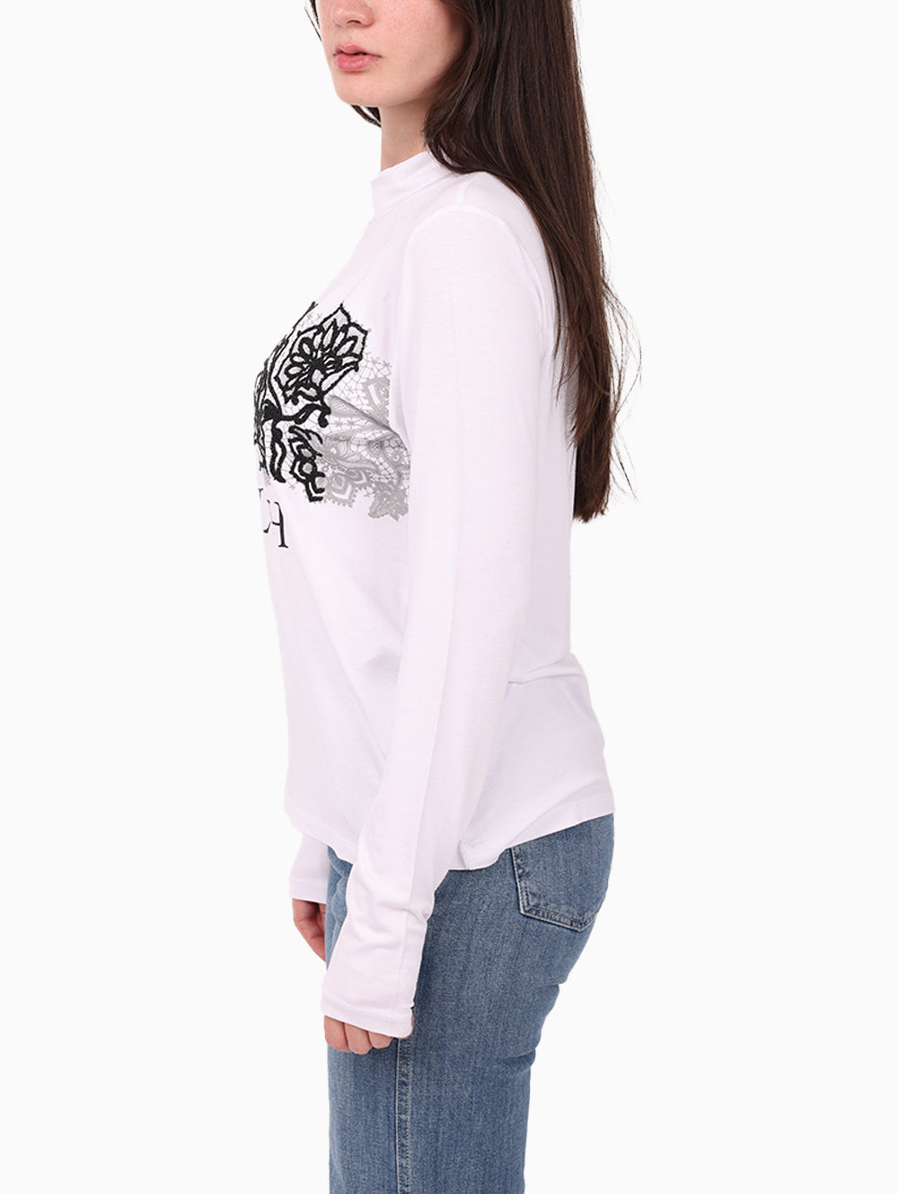 Siste’s Women’s White T-Shirt with Stylish Lace Print – Side View