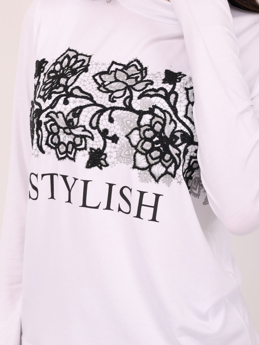 Siste’s Italian Women’s White T-Shirt – Lace Print Detail