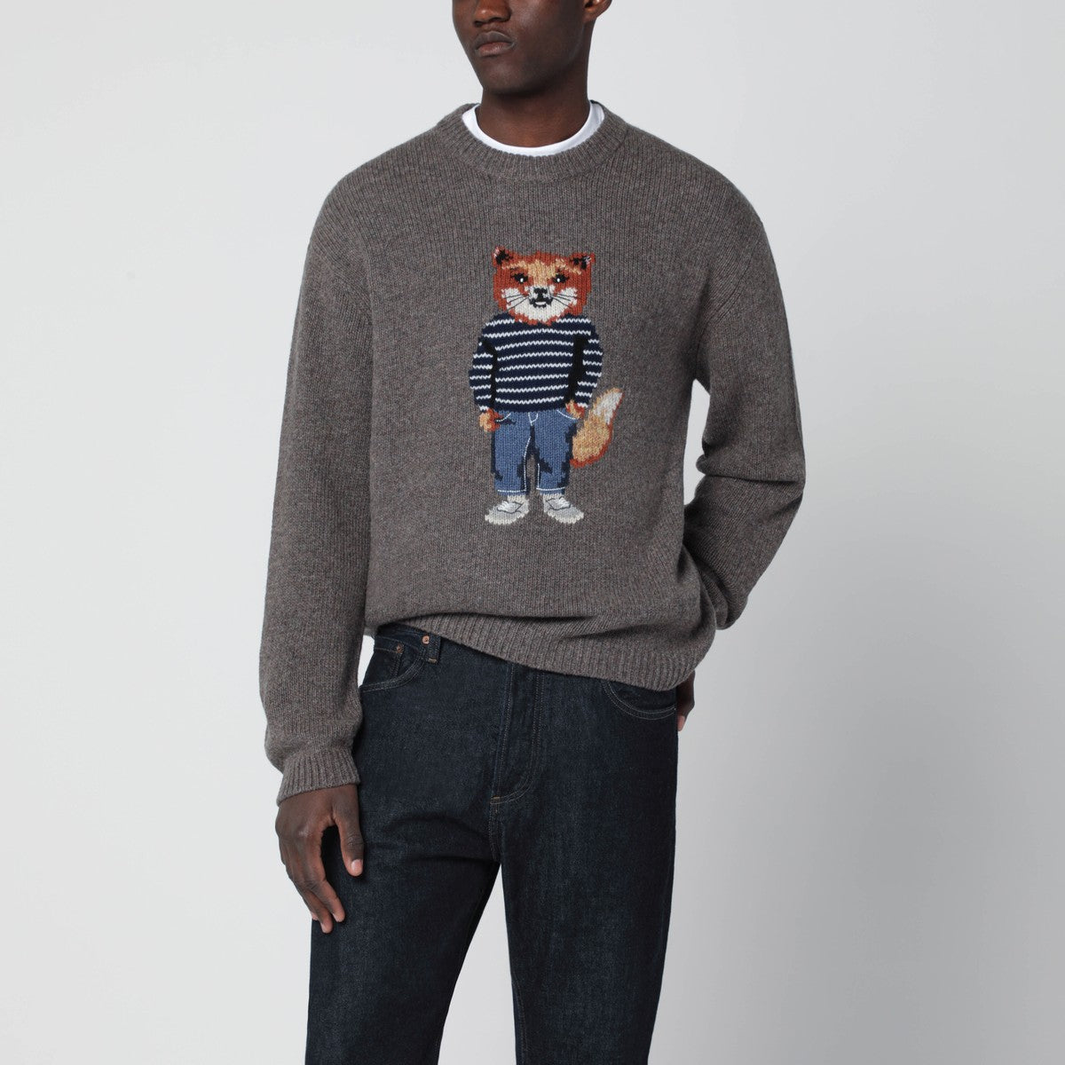 Maison Kitsuné Maison Kitsuné Grey mélange sweater with Dressed Fox intarsia