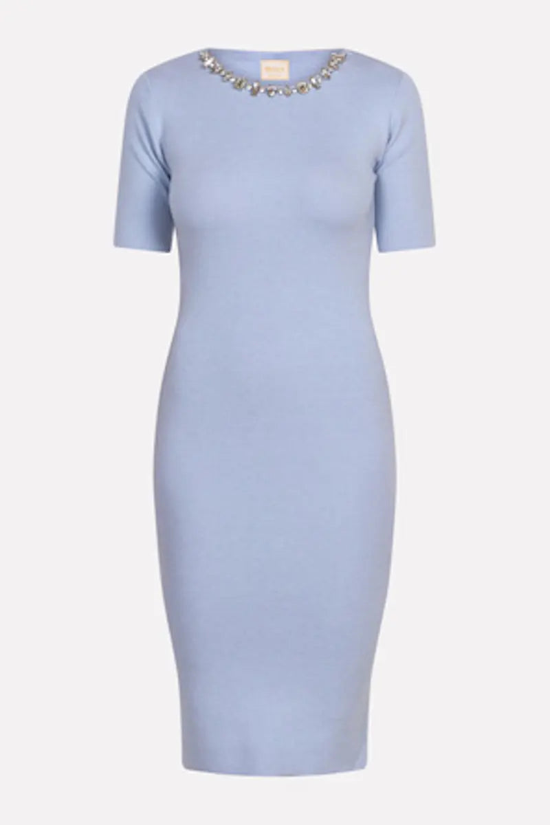 Front view of Siste's Jewel Necklace Dress in Polvere with crystal neckline