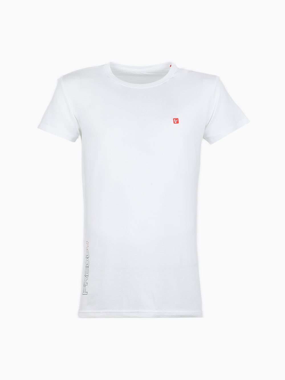 Front view of FREDDY Men’s White Logo T-Shirt with red logo