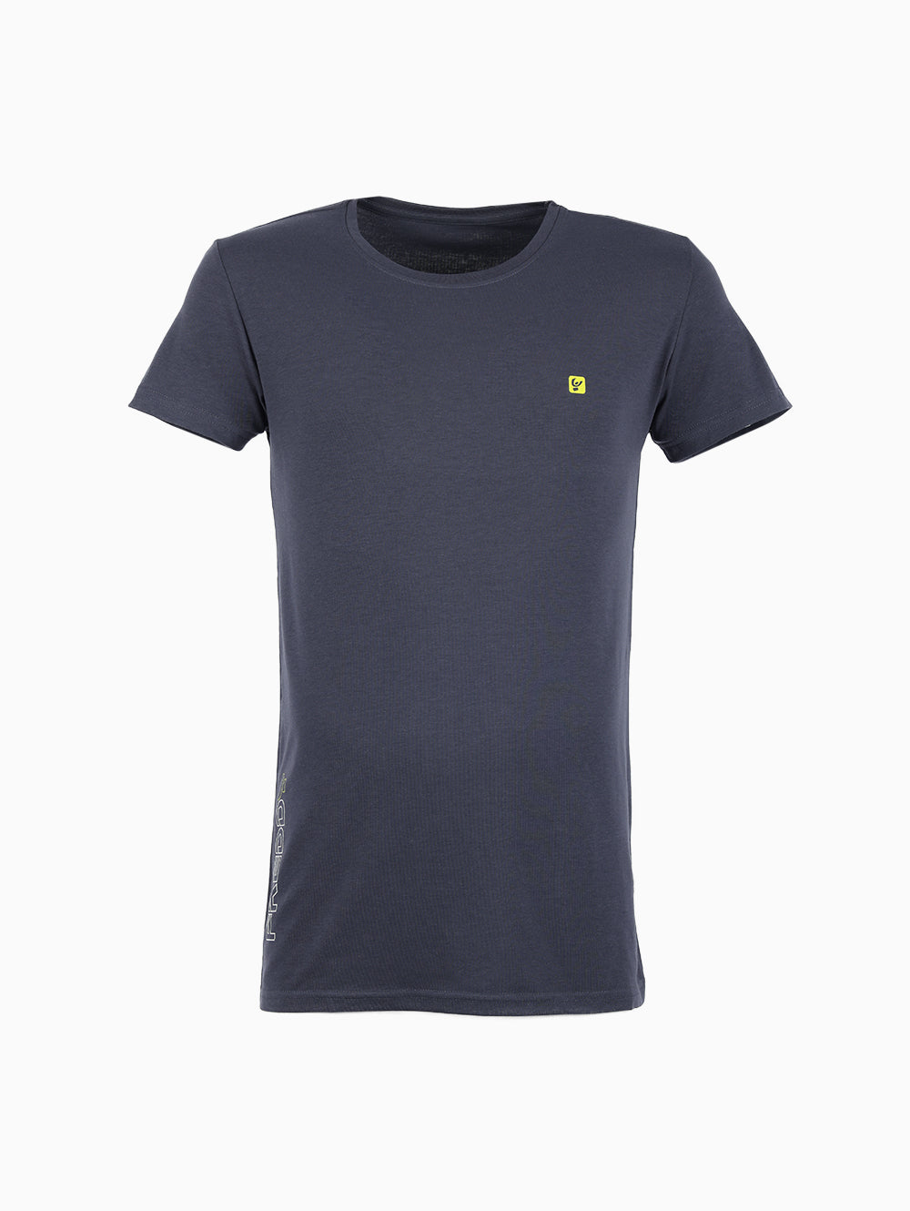 Front view of Freddy Navy round neck men’s T-shirt with yellow logo