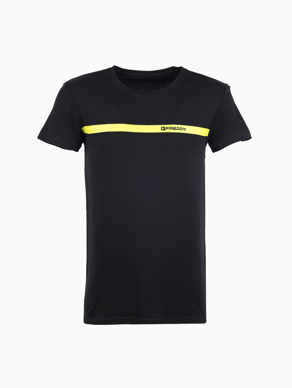 Freddy black round neck T-shirt with yellow stripe across chest – men’s casual cotton tee.
