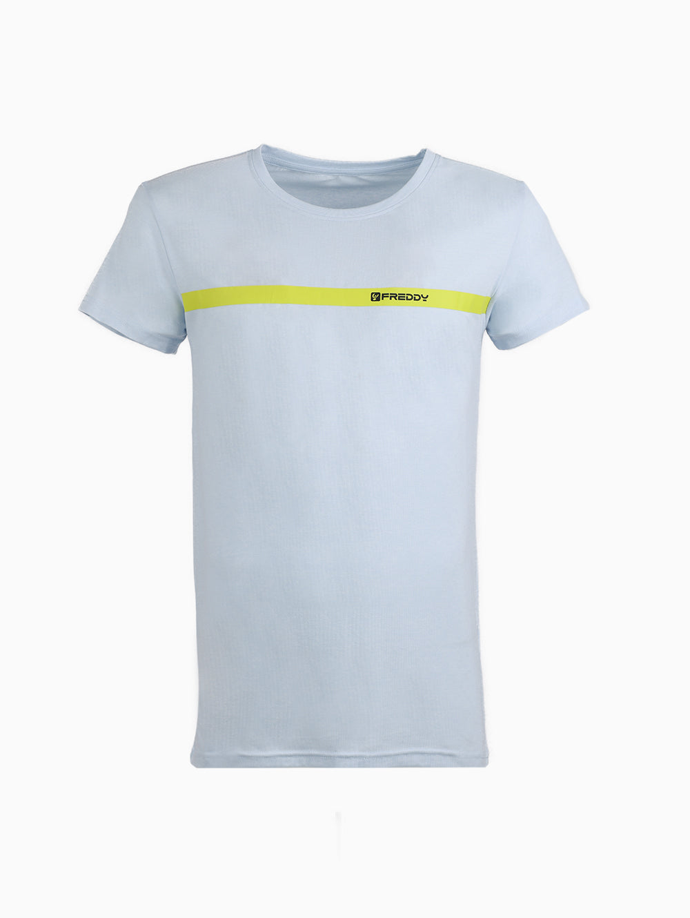Freddy men’s round neck T-shirt in Ballad Blue with yellow stripe – front view