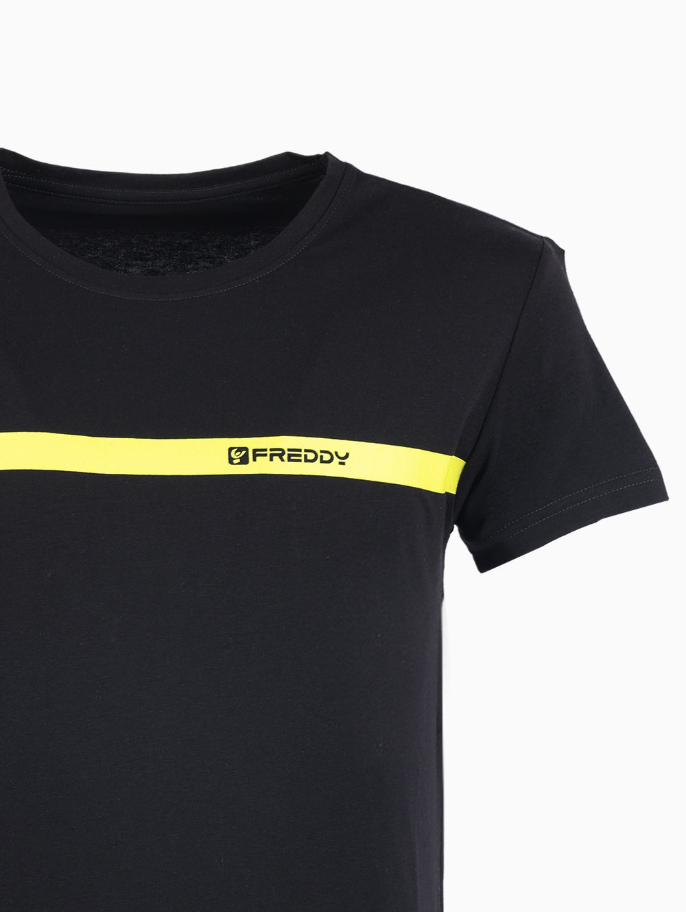 Yellow stripe detail with Freddy logo on black round neck cotton T-shirt.