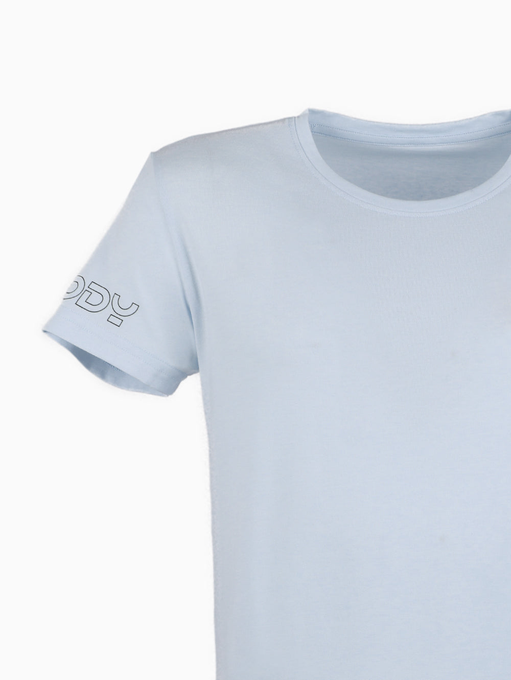Close-up of Freddy Men’s Ballad Blue Round Neck T-Shirt chest logo and round neckline
