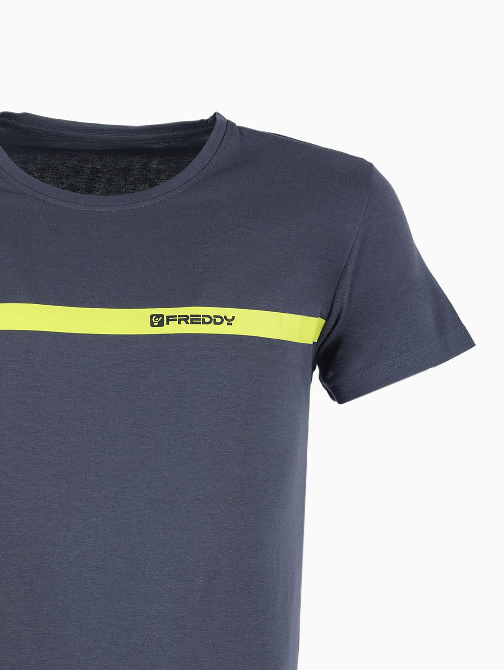 Close-up of Freddy branding on yellow stripe across chest navy t-shirt