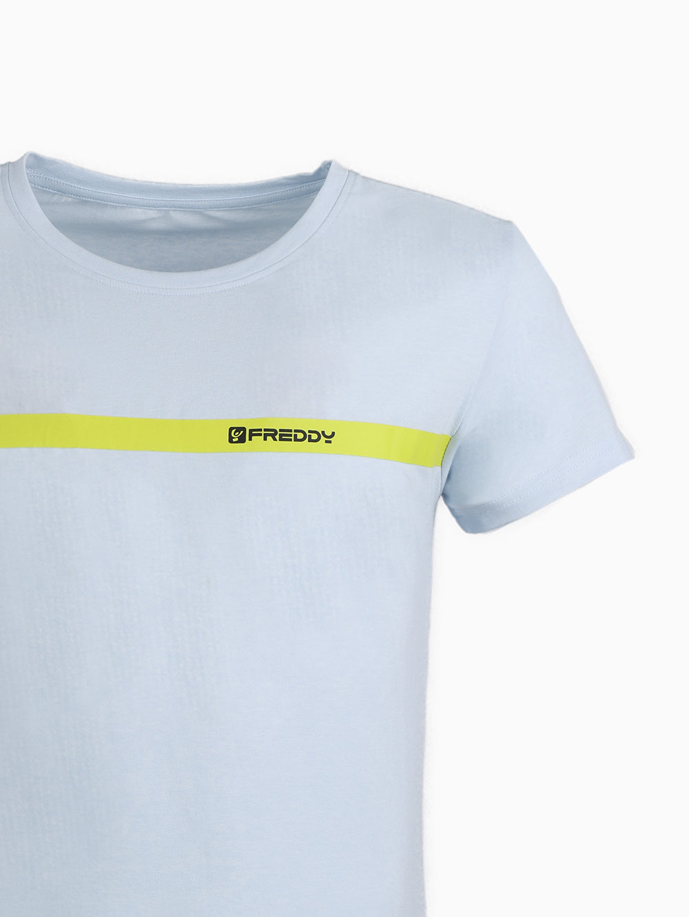 Freddy logo round neck Ballad Blue T-shirt – close-up chest detail