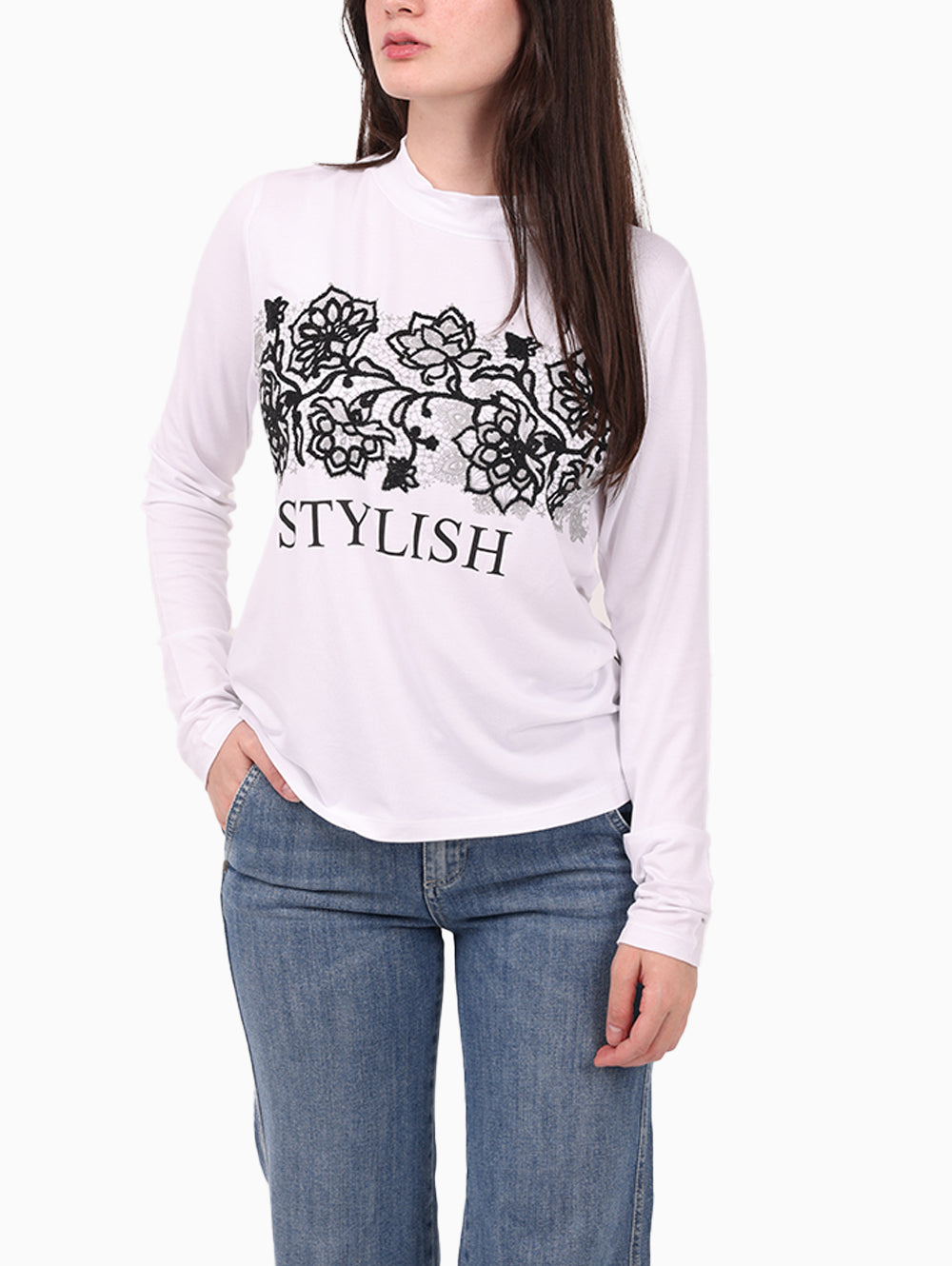 Siste’s Women’s White T-Shirt with Black Lace Print – Front View