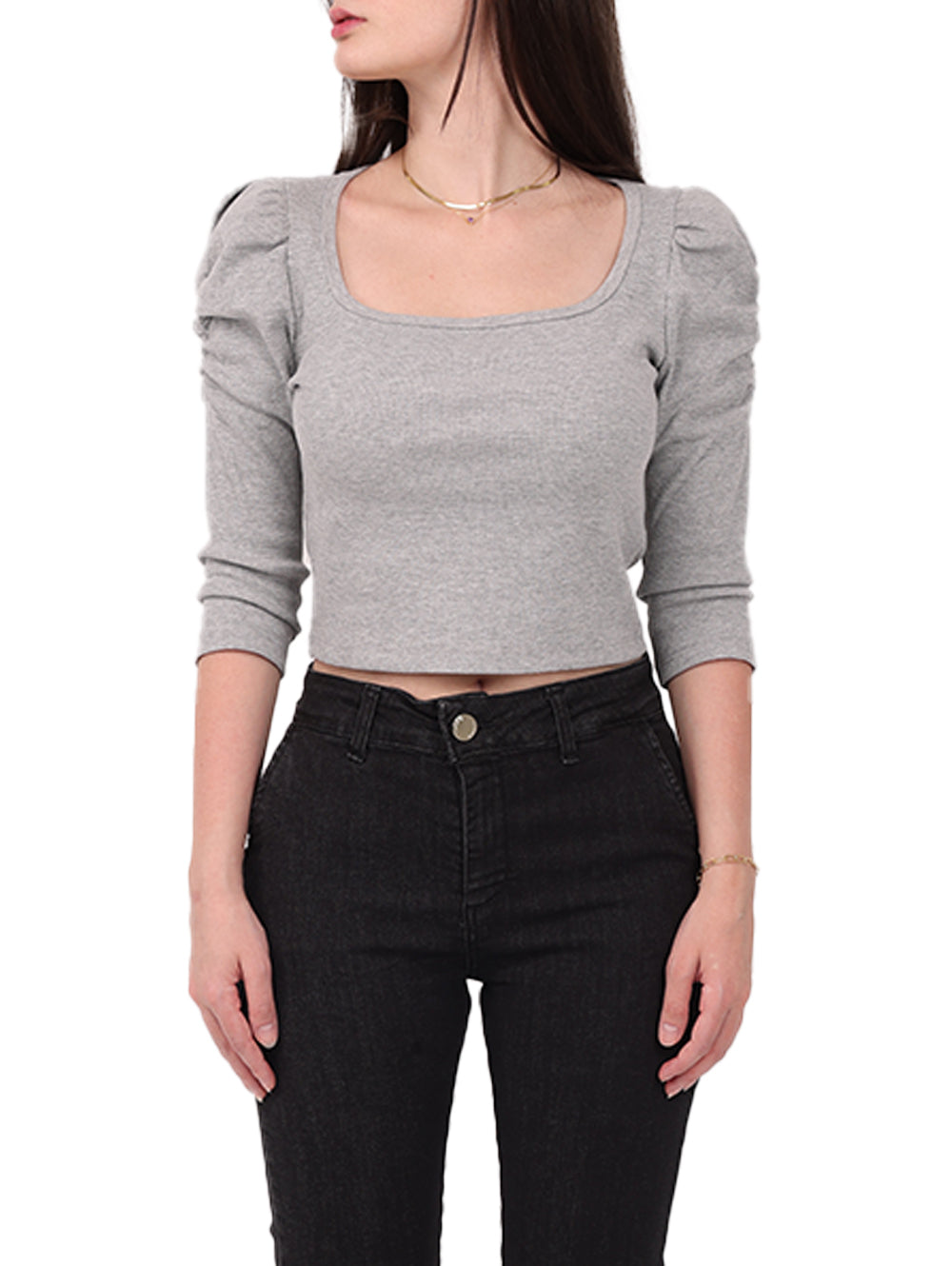 Sallure Grey Puff Sleeve Crop Top front view