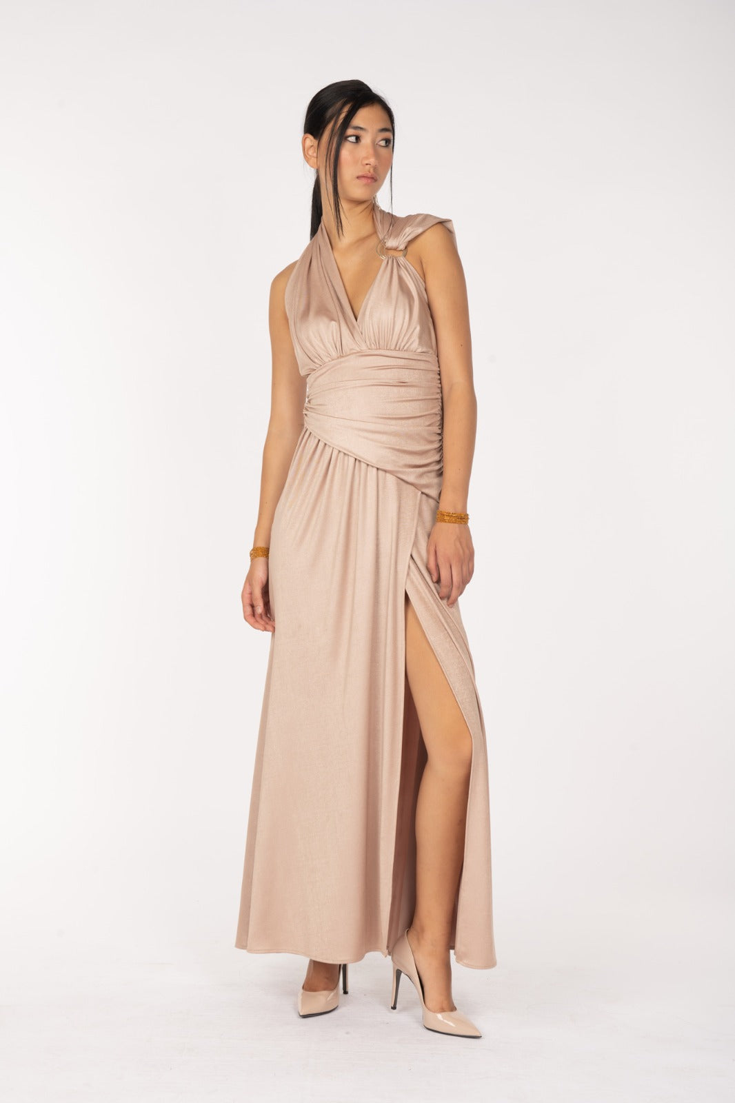 Siste’s nude draped halter jumpsuit full body with side slit