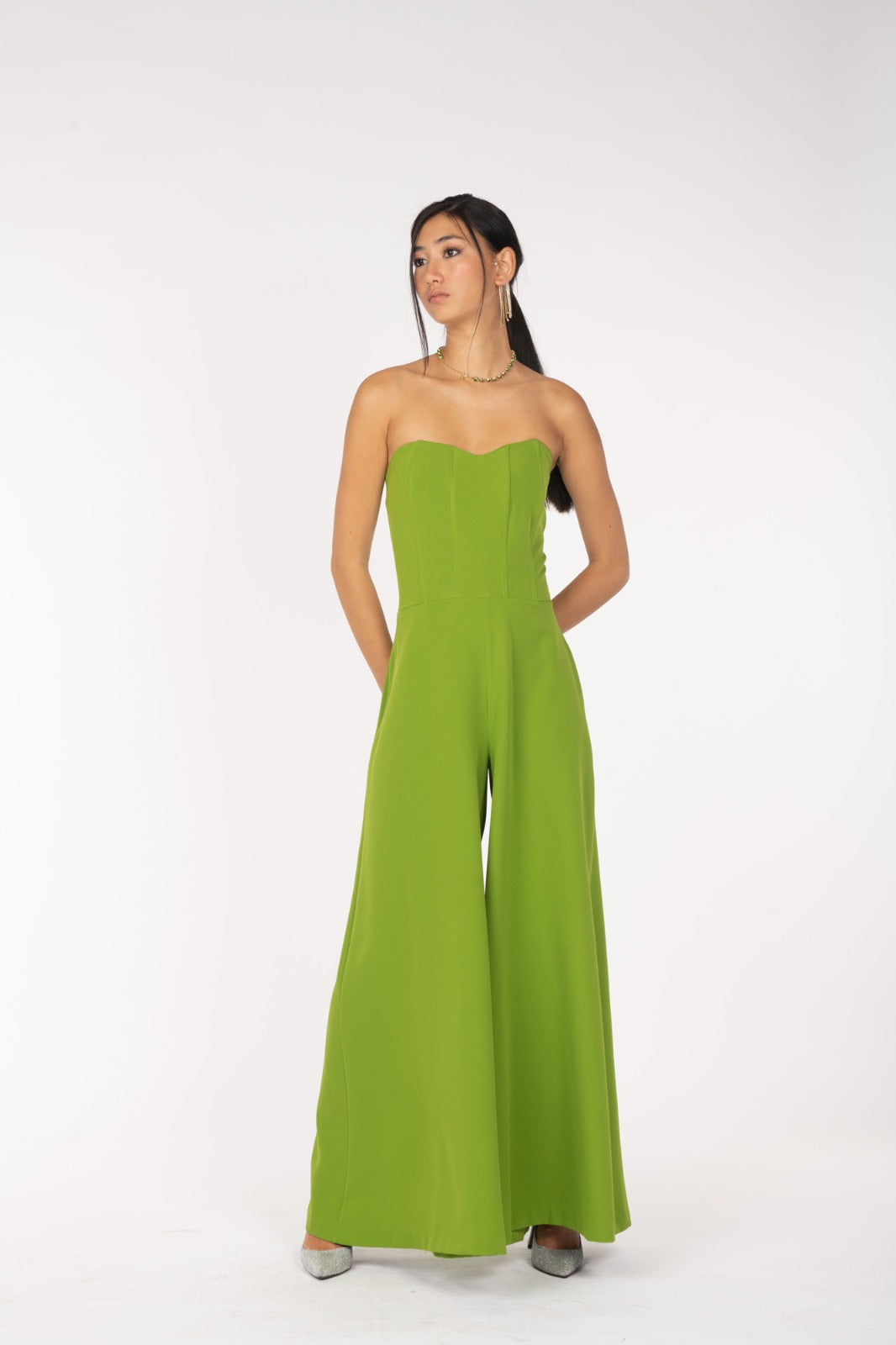 Front view of Siste’s Green Strapless Jumpsuit – Luxe Marca
