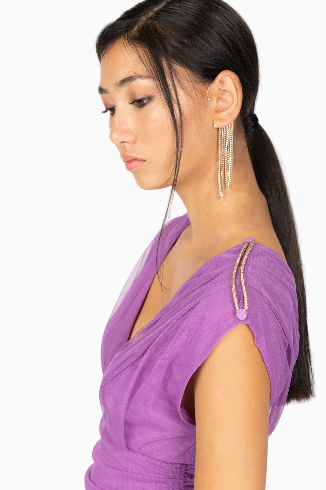 Siste’s Violet Draped Mini Dress shoulder detail – Luxe Marca