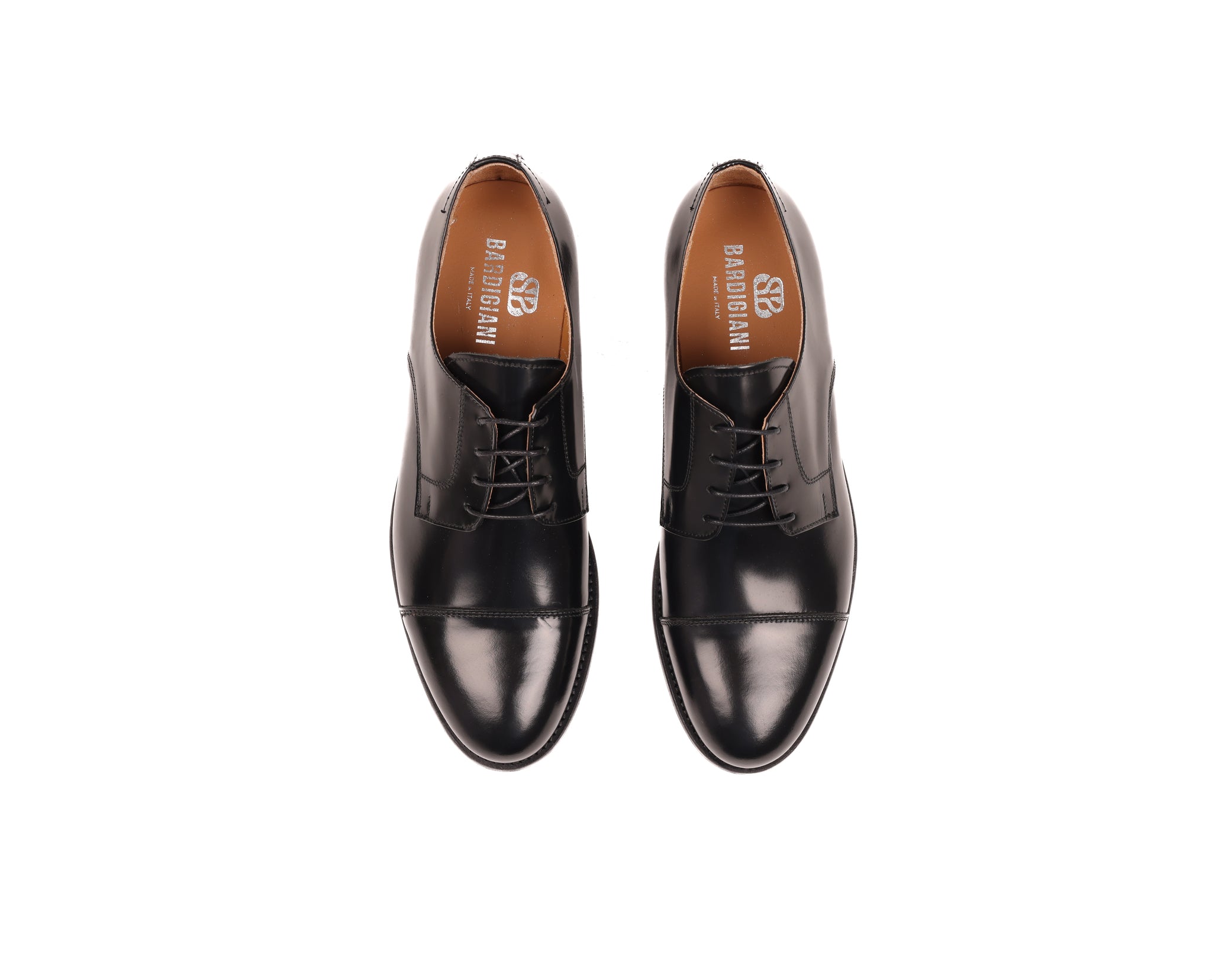 Top view of Bardigiani black leather Derby shoes made in Italy.