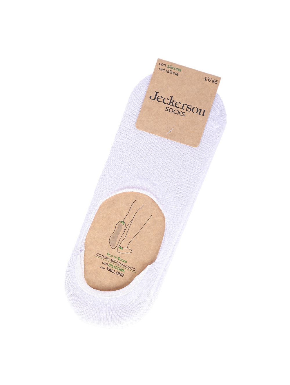 Jeckerson white invisible socks with label and heel grip design